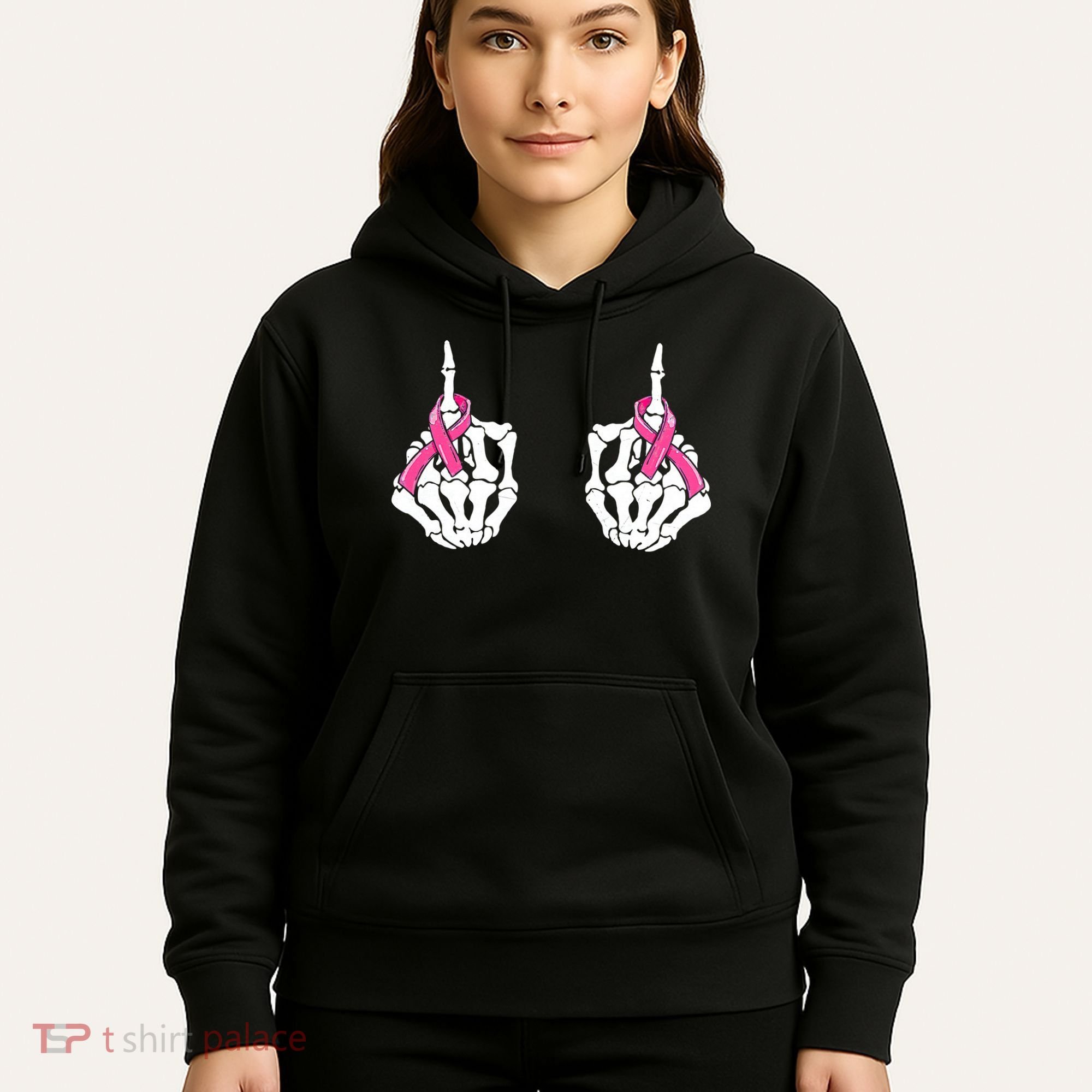Skeleton Hand Fuck Cancer Pink Funny Breast Cancer Awareness Hoodie