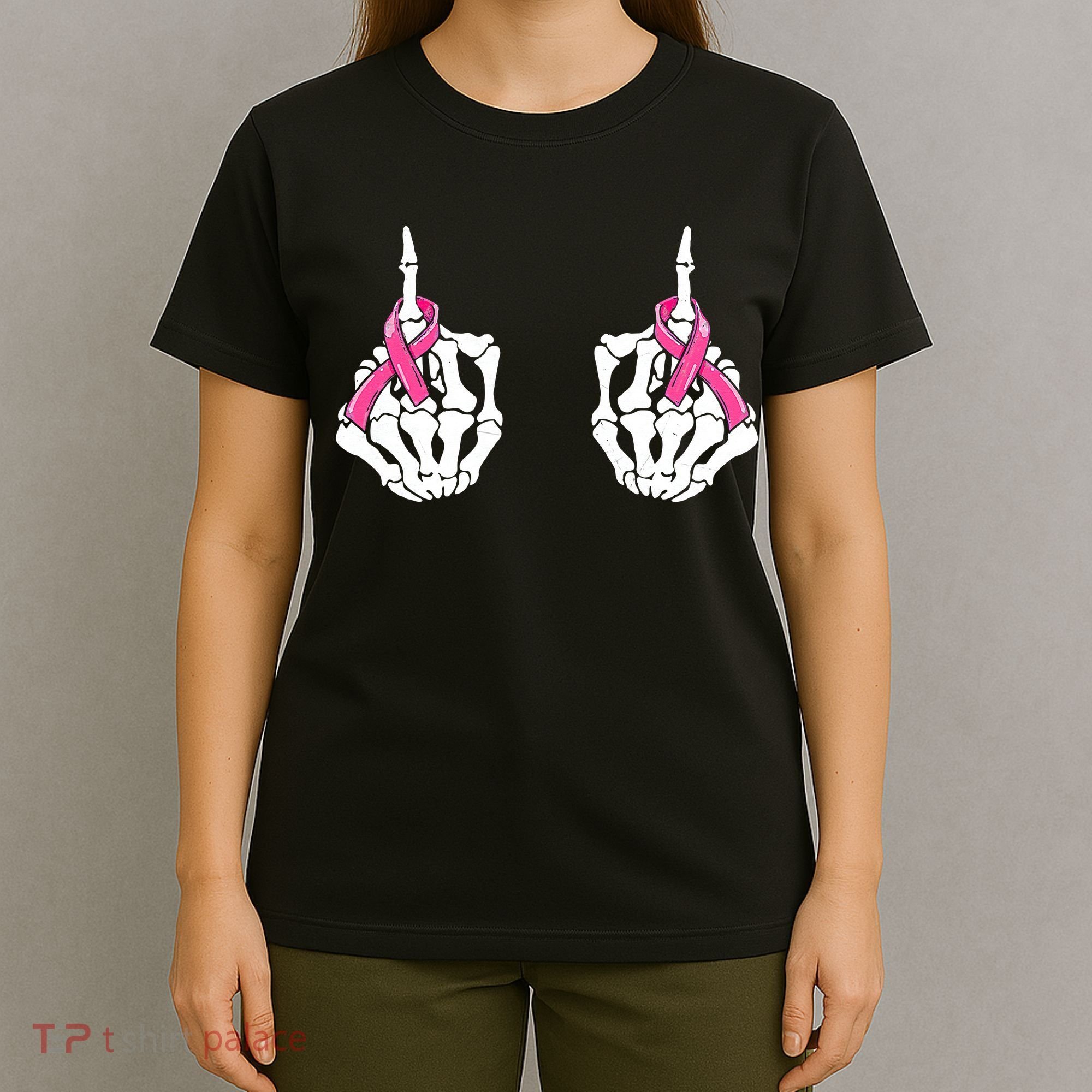 Skeleton Hand Fuck Cancer Pink Funny Breast Cancer Awareness T-Shirt