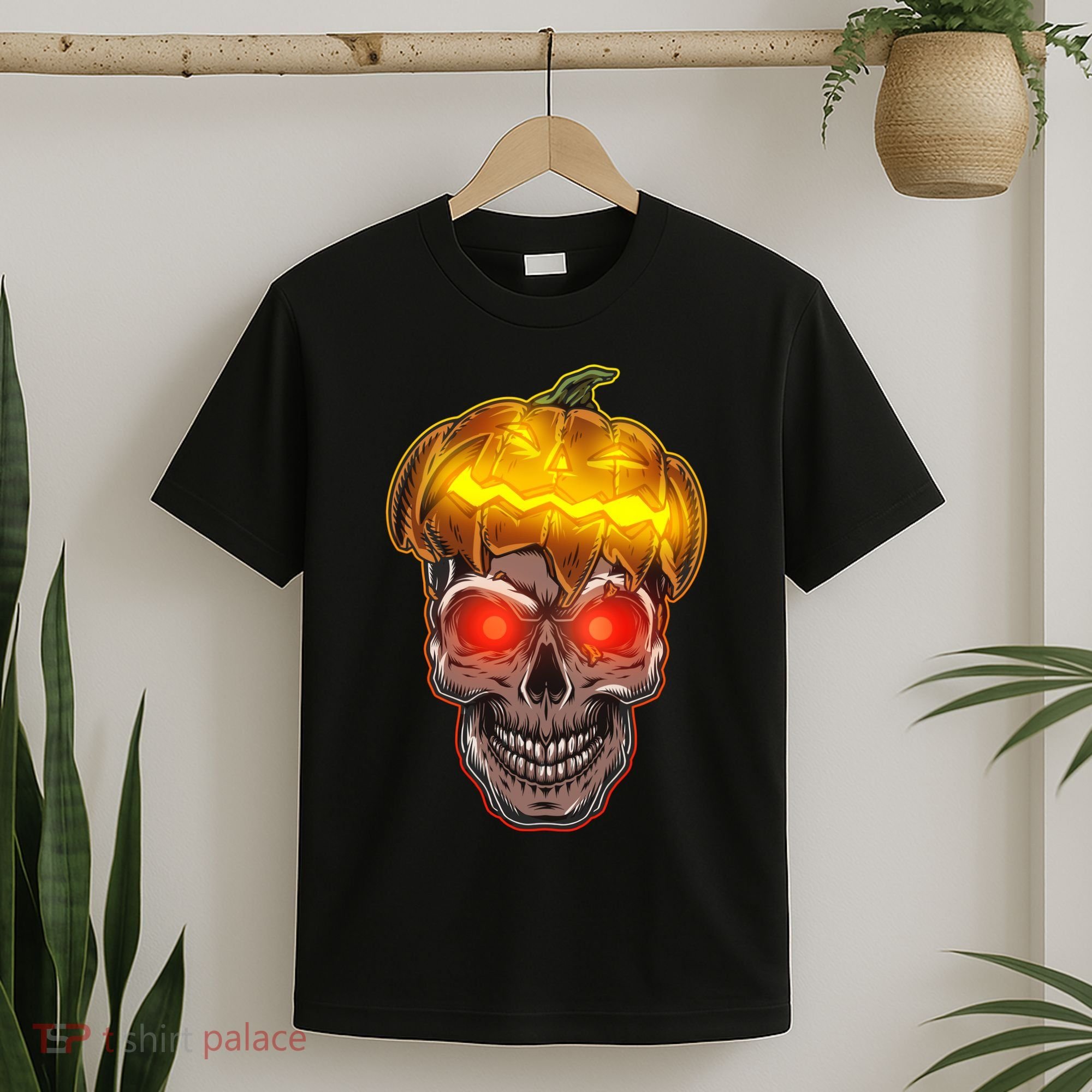 Spooky Halloween Glowing Pumpkin Skull Face T-Shirt