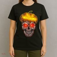 Spooky Halloween Glowing Pumpkin Skull Face T-Shirt thumb 4