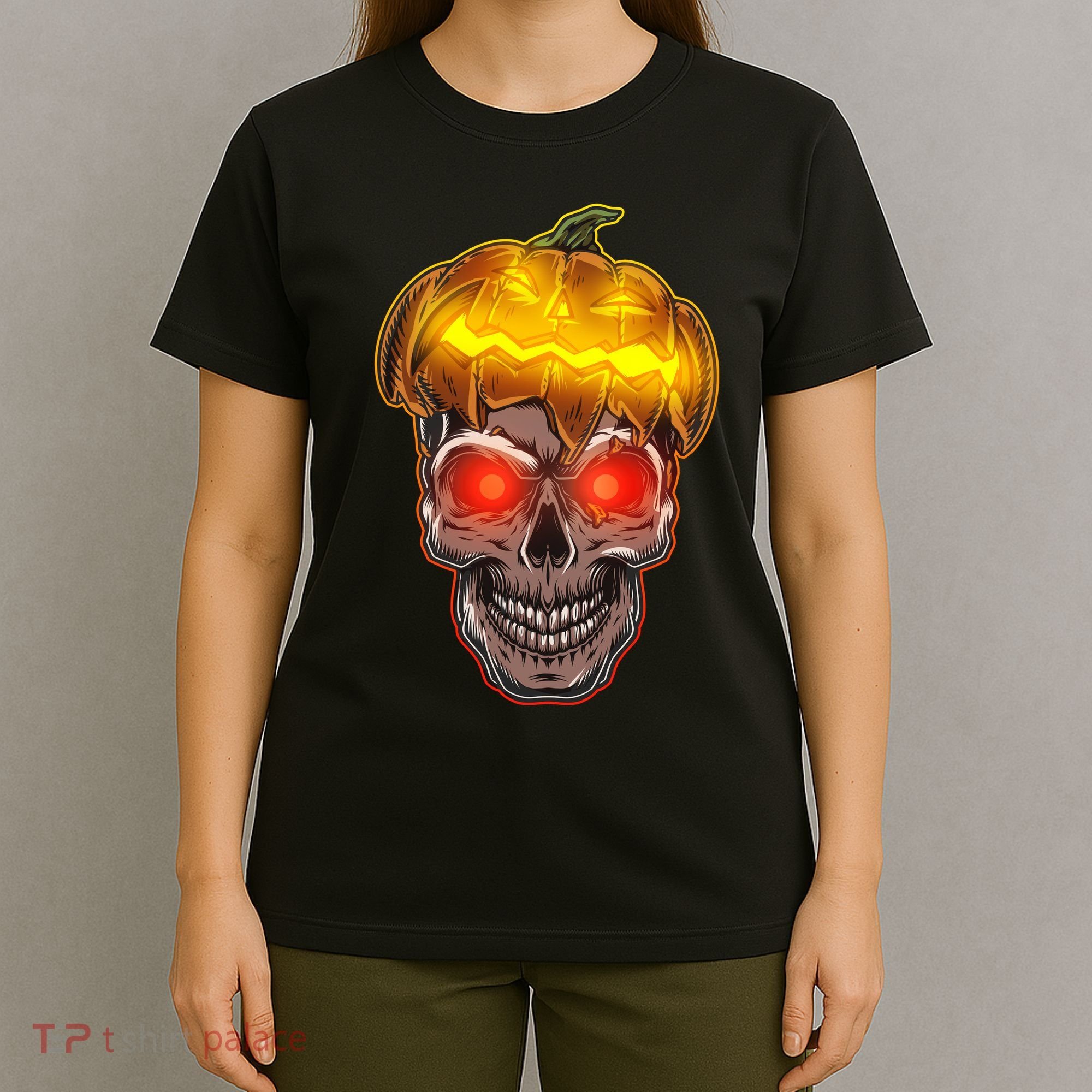 Spooky Halloween Glowing Pumpkin Skull Face T-Shirt