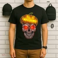 Spooky Halloween Glowing Pumpkin Skull Face T-Shirt thumb 6