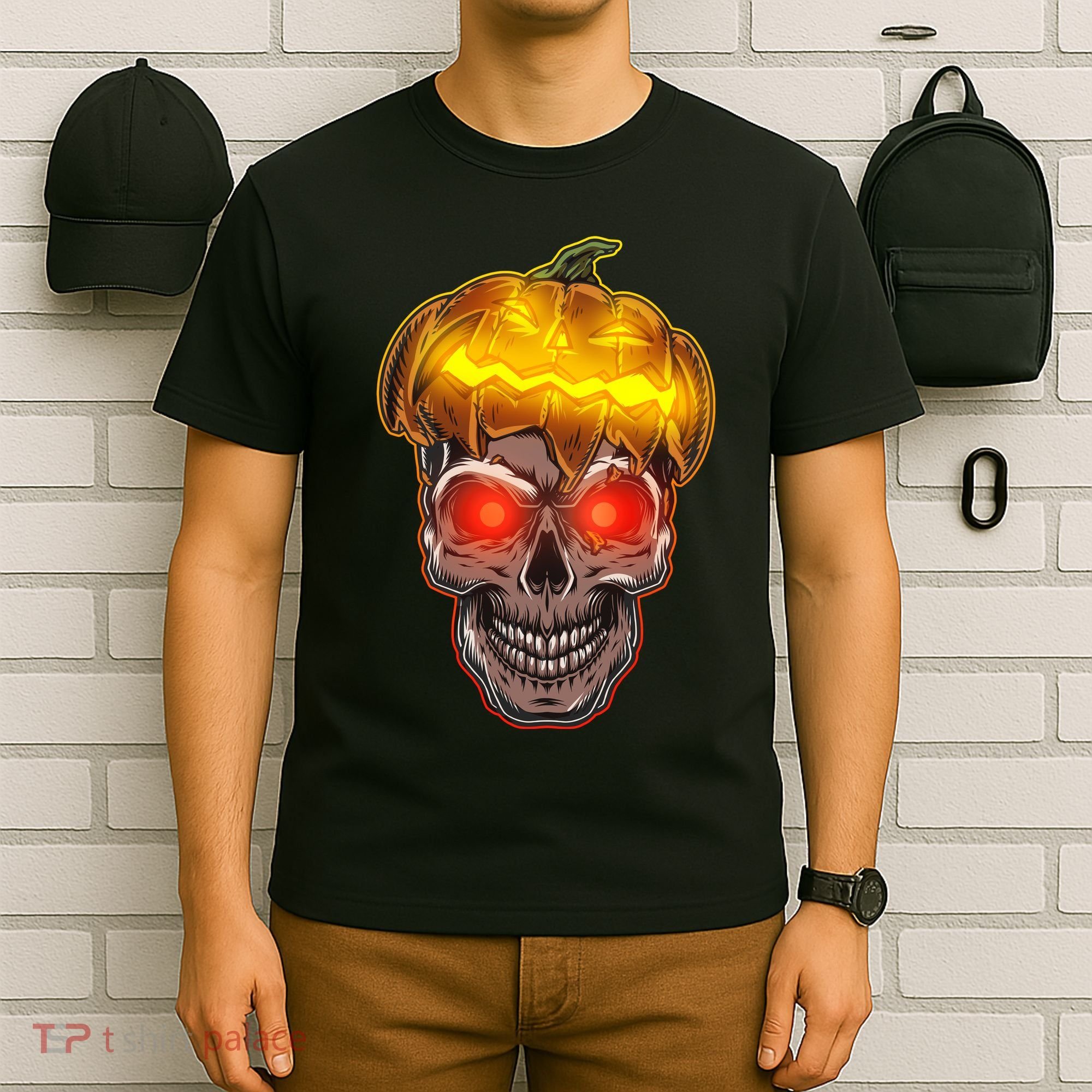 Spooky Halloween Glowing Pumpkin Skull Face T-Shirt
