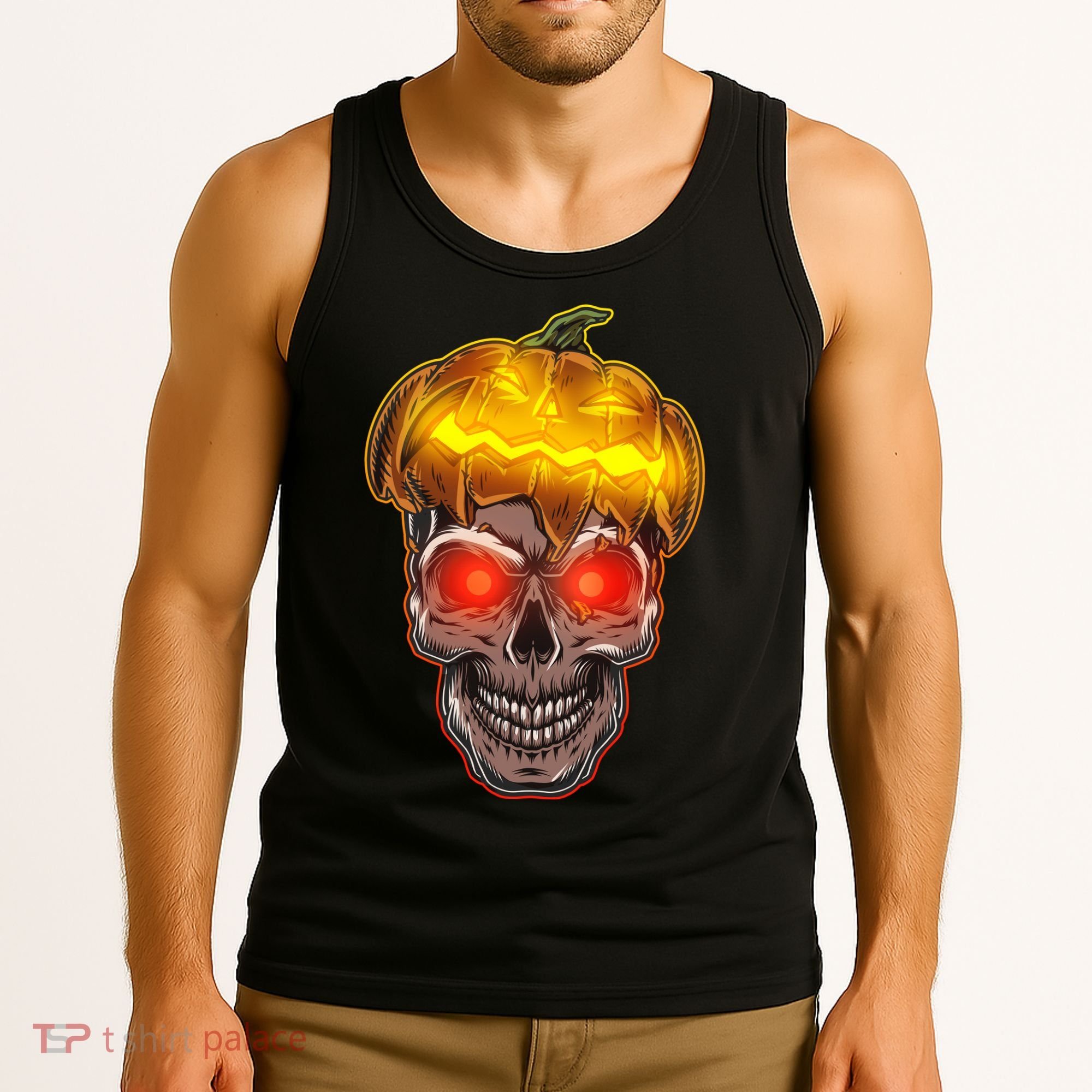 Spooky Halloween Glowing Pumpkin Skull Face Tank Top