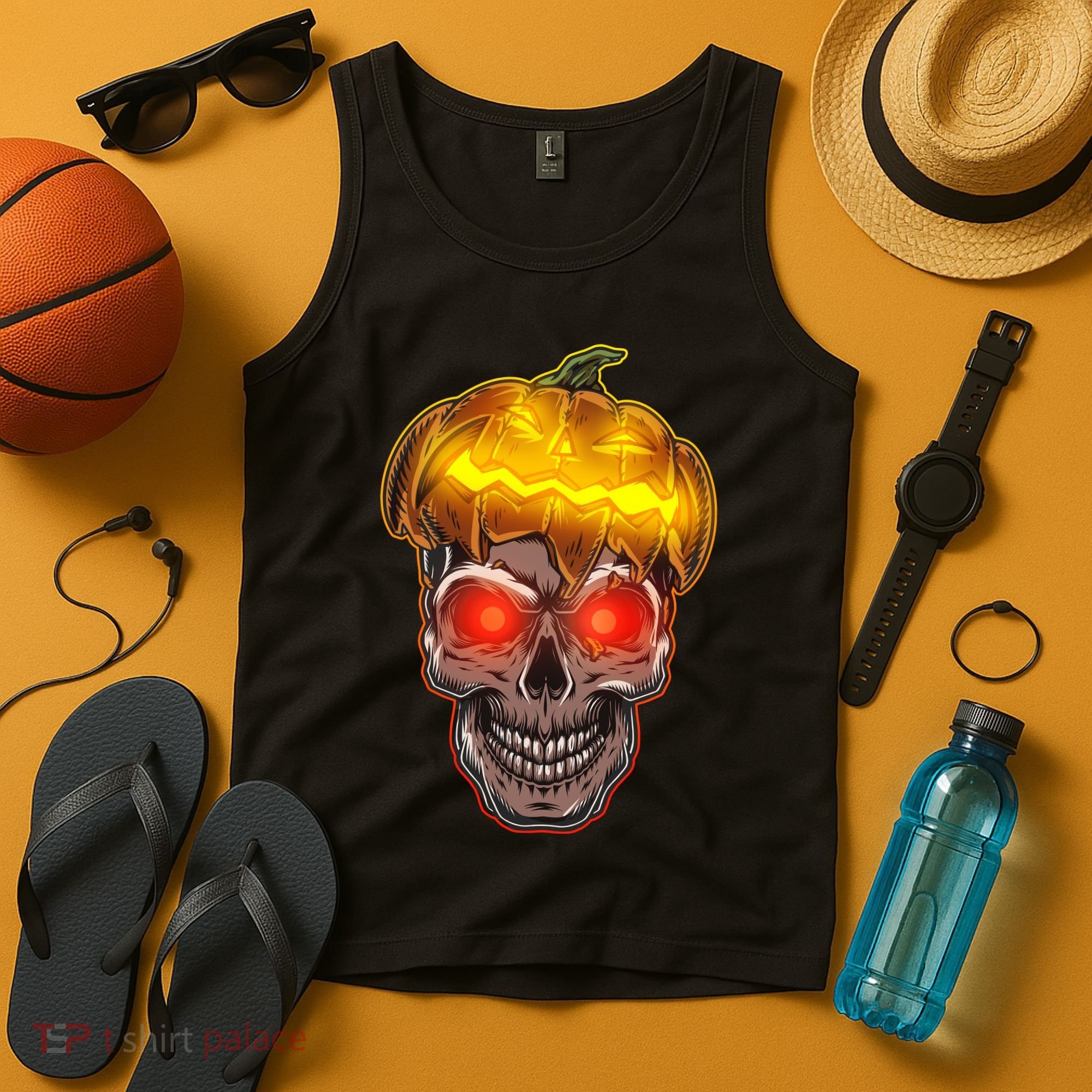 Spooky Halloween Glowing Pumpkin Skull Face Tank Top