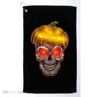 Spooky Halloween Glowing Pumpkin Skull Face Golf Towel thumb 0