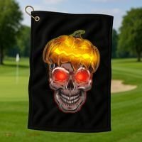 Spooky Halloween Glowing Pumpkin Skull Face Golf Towel thumb 1