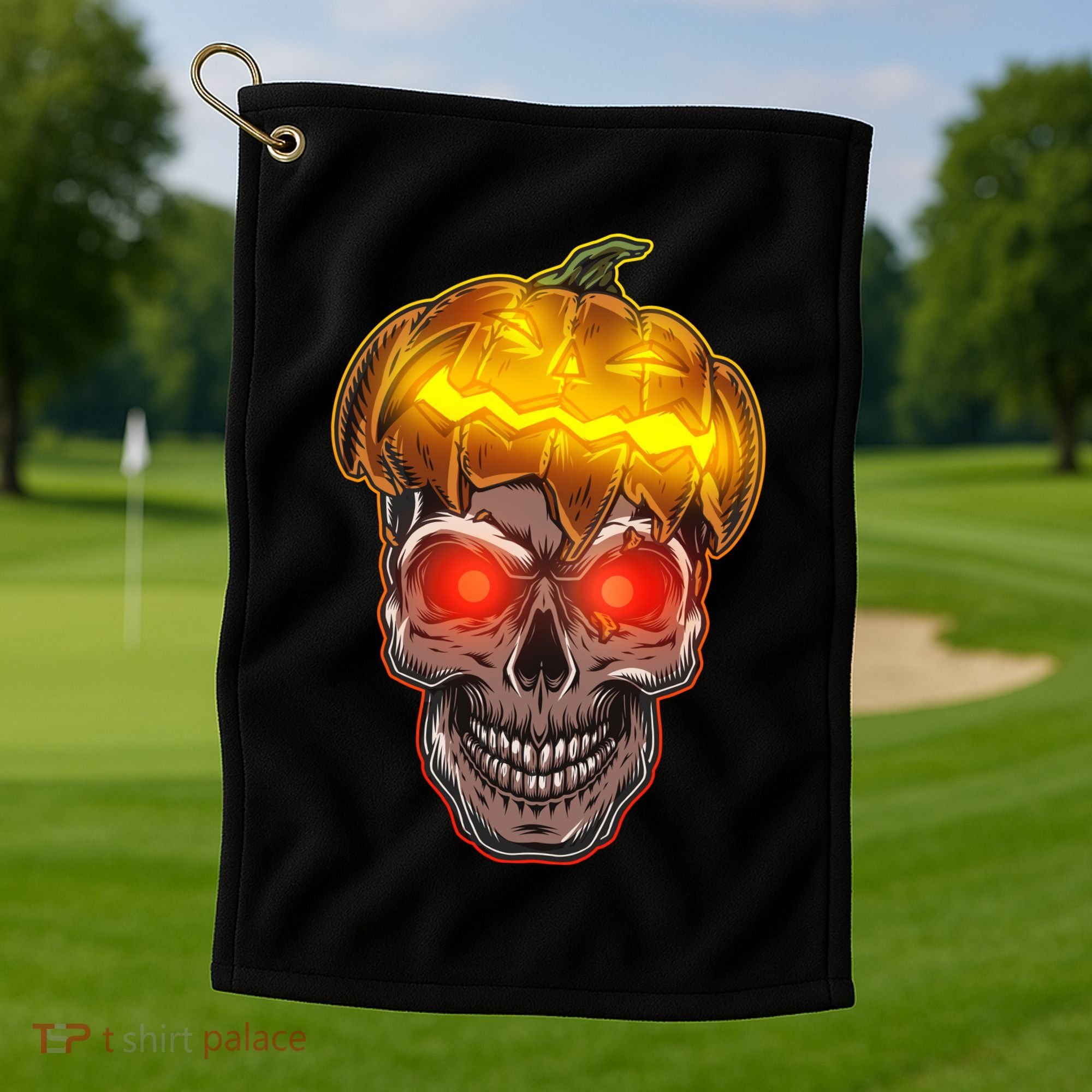 Spooky Halloween Glowing Pumpkin Skull Face Golf Towel
