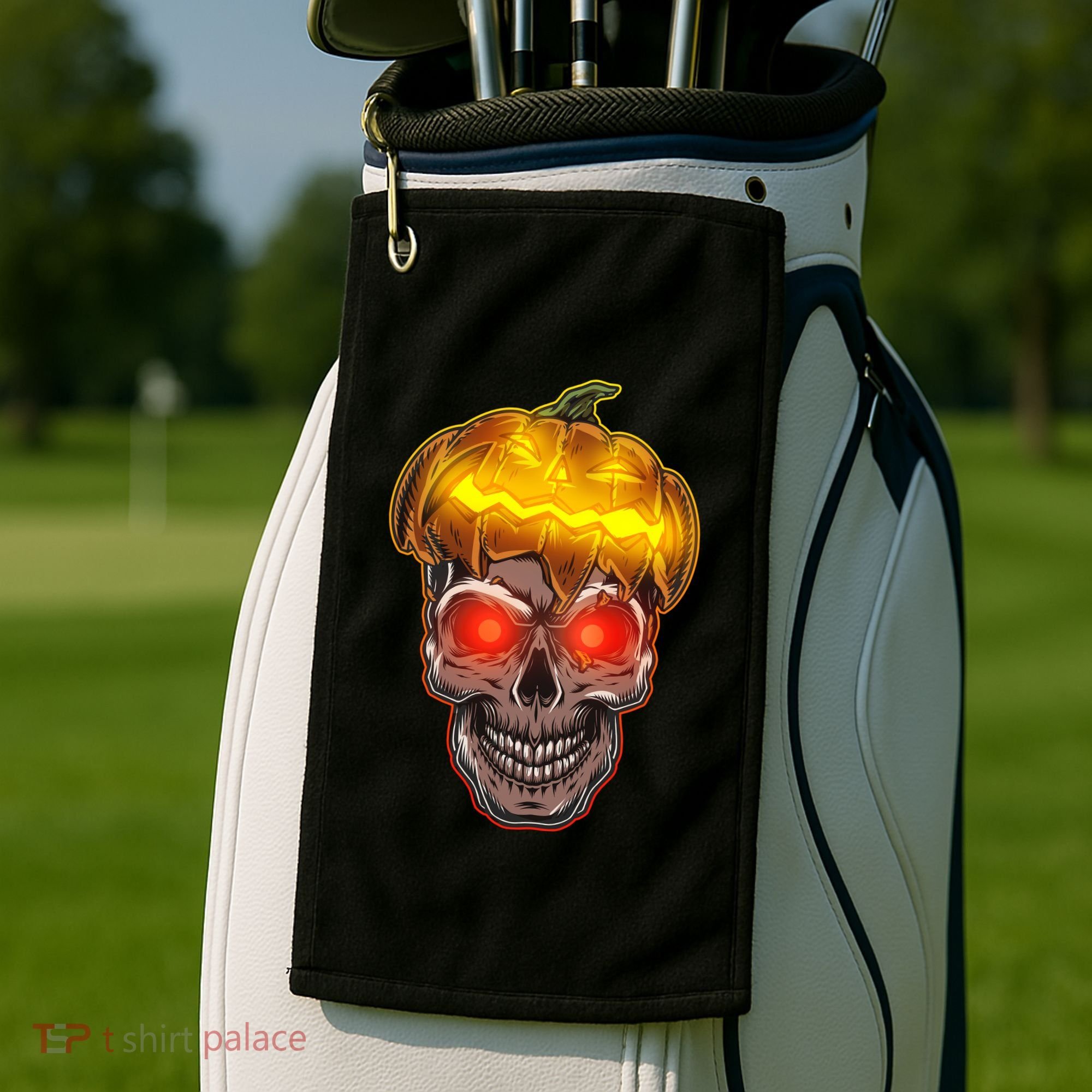 Spooky Halloween Glowing Pumpkin Skull Face Golf Towel
