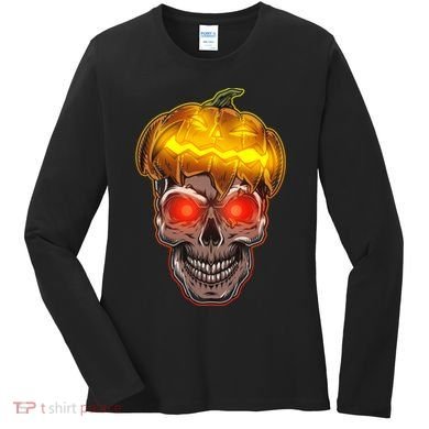 Spooky Halloween Glowing Pumpkin Skull Face Women's Long Sleeve Shirt