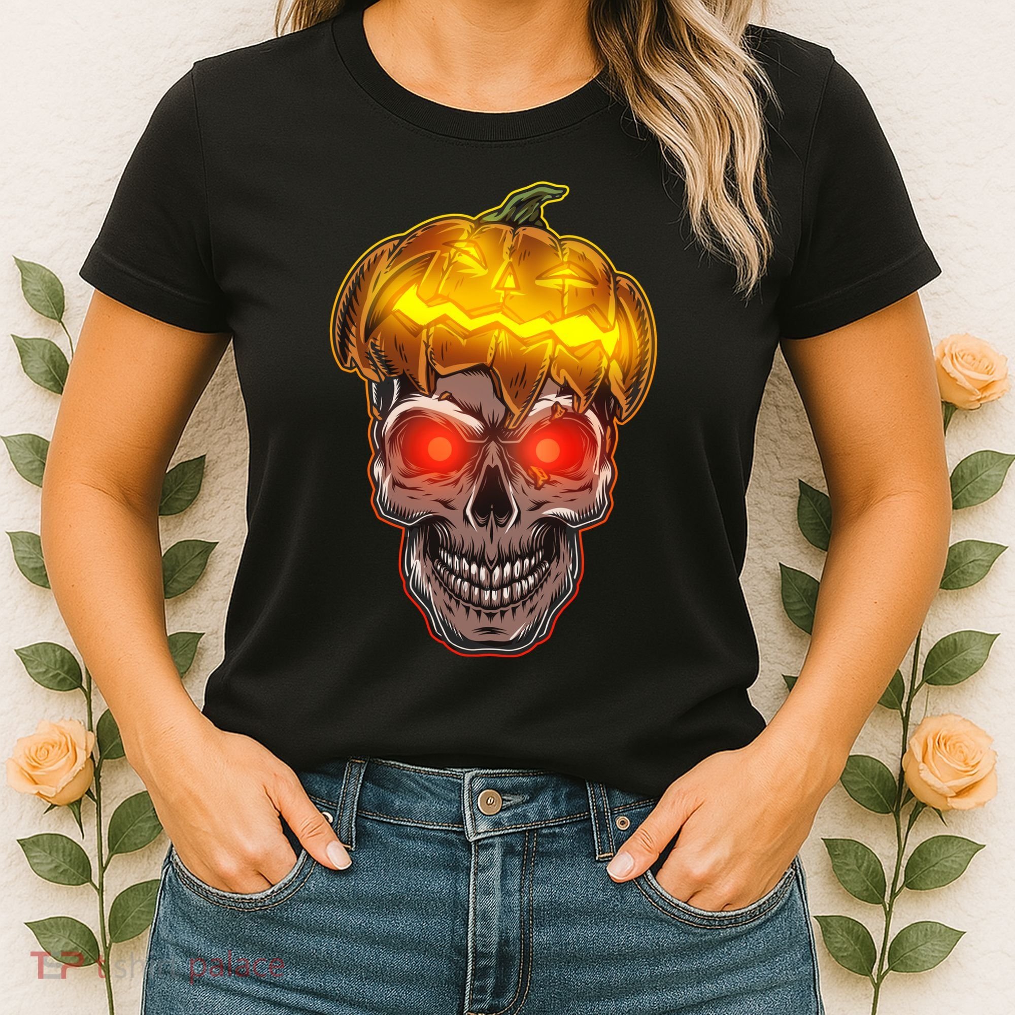 Spooky Halloween Glowing Pumpkin Skull Face Women's T-Shirt
