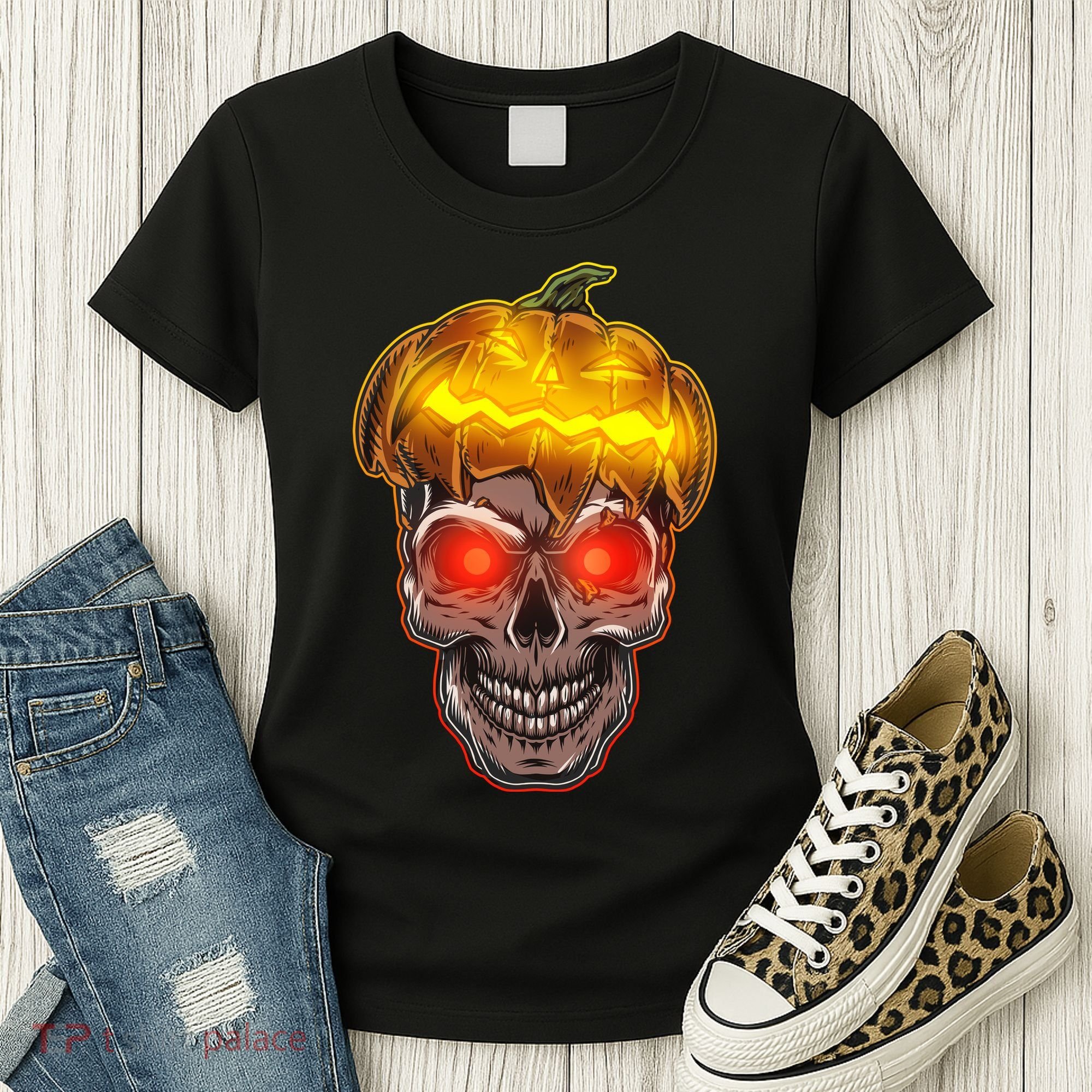 Spooky Halloween Glowing Pumpkin Skull Face Women's T-Shirt
