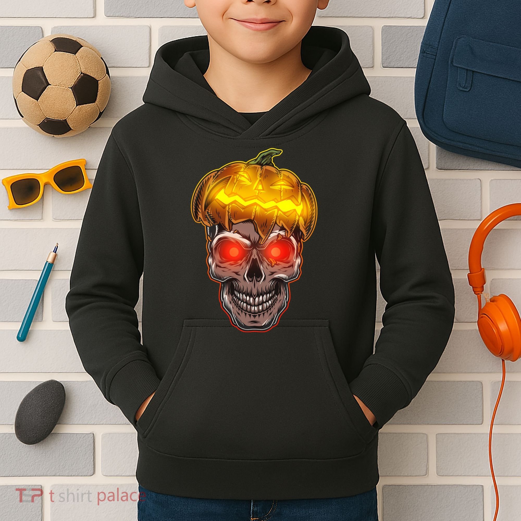 Spooky Halloween Glowing Pumpkin Skull Face Kids Hoodie