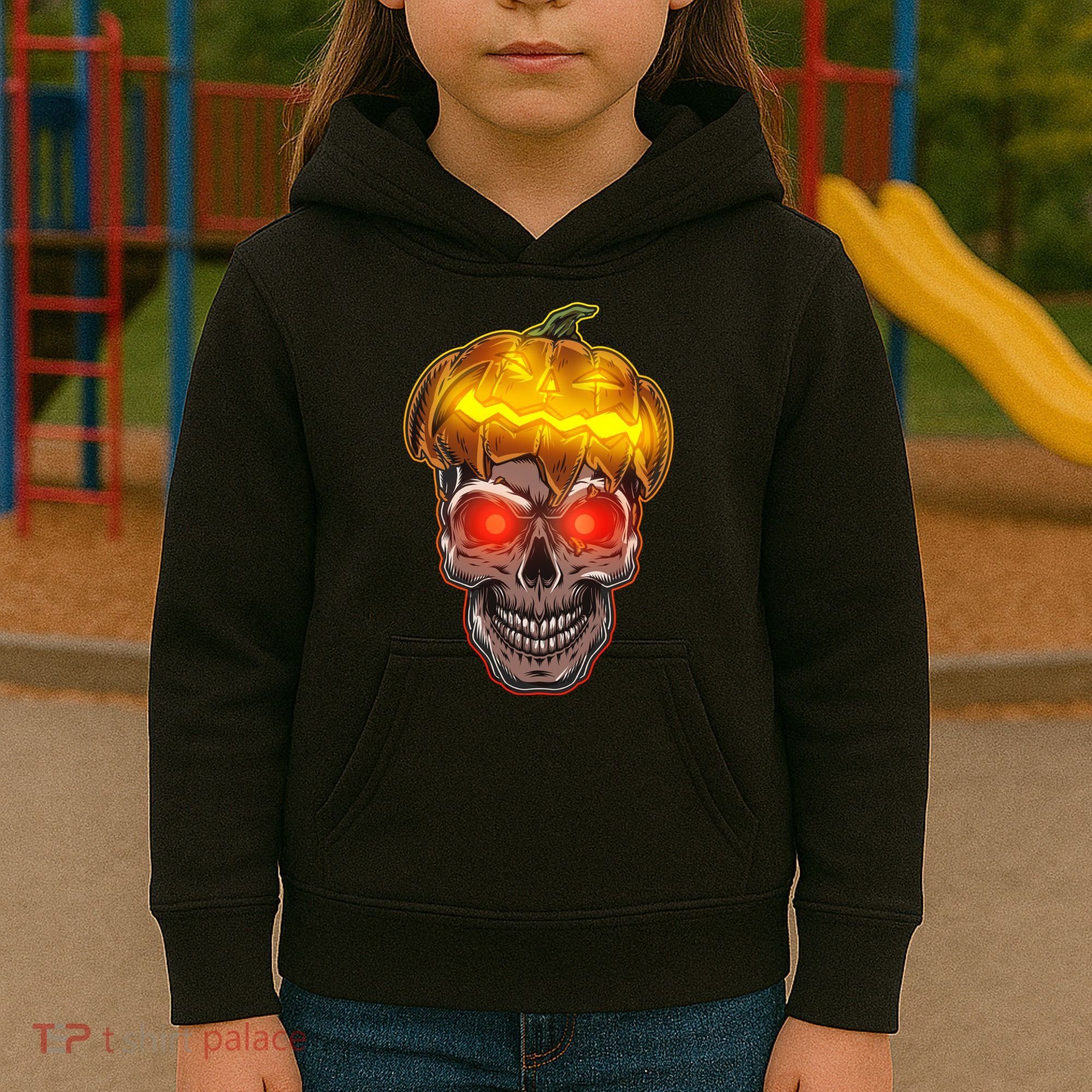 Spooky Halloween Glowing Pumpkin Skull Face Kids Hoodie