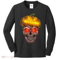 Spooky Halloween Glowing Pumpkin Skull Face Kids Long Sleeve Shirt thumb 0