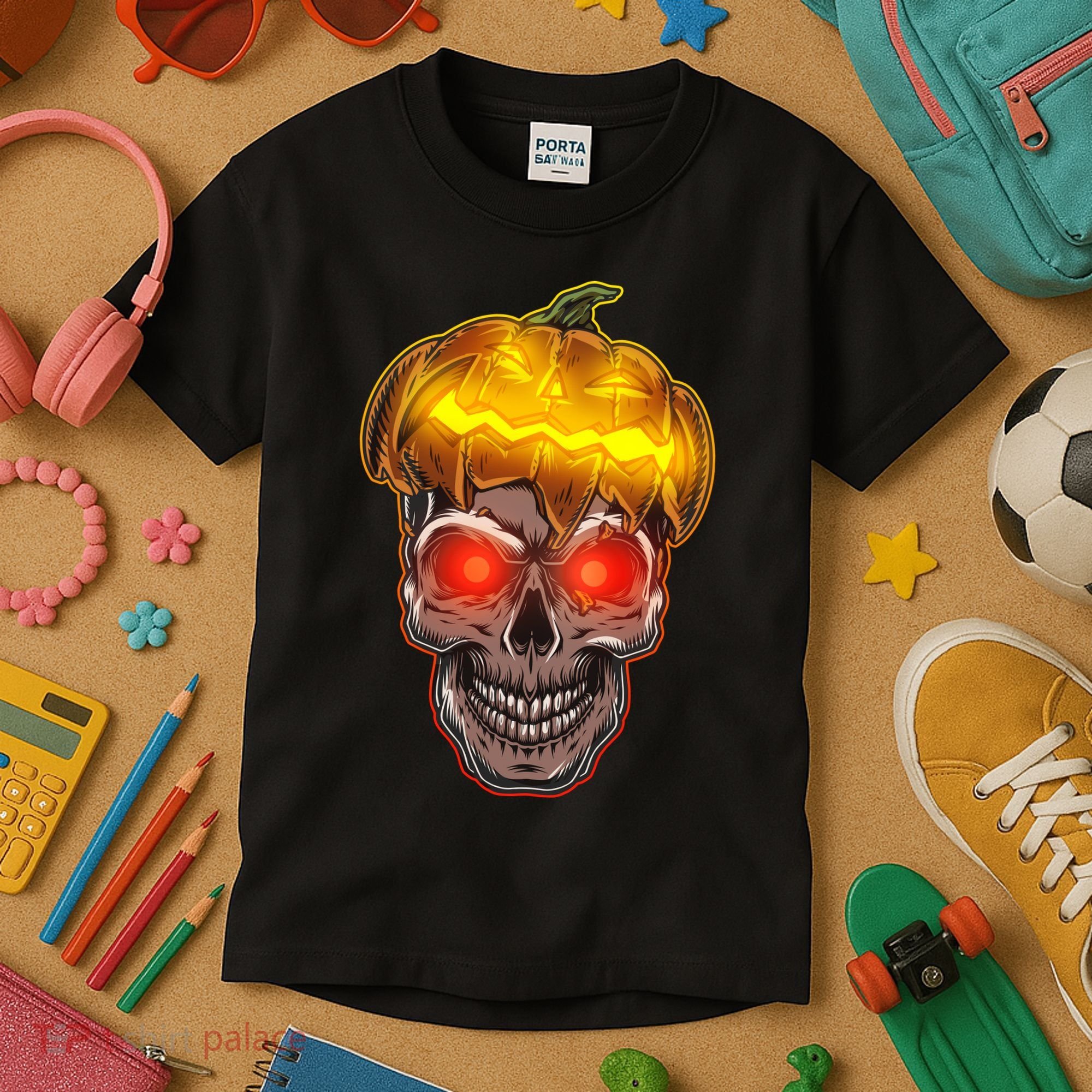 Spooky Halloween Glowing Pumpkin Skull Face Kids T-Shirt