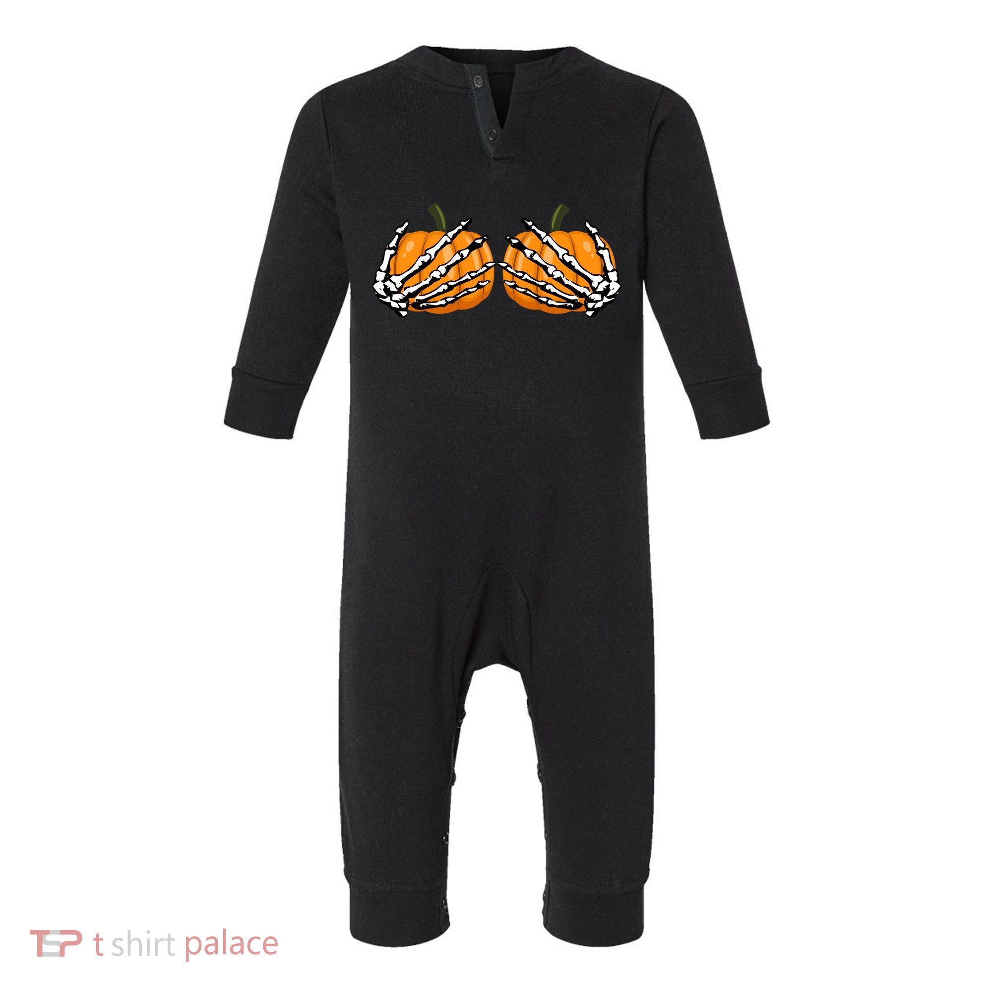 Skeleton Hands Holding Pumpkin Tits Infant Fleece One Piece