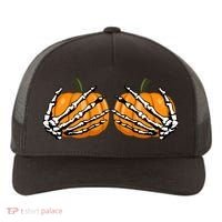 Skeleton Hands Holding Pumpkin Tits Yupoong Adult 5-Panel Trucker Hat thumb 0