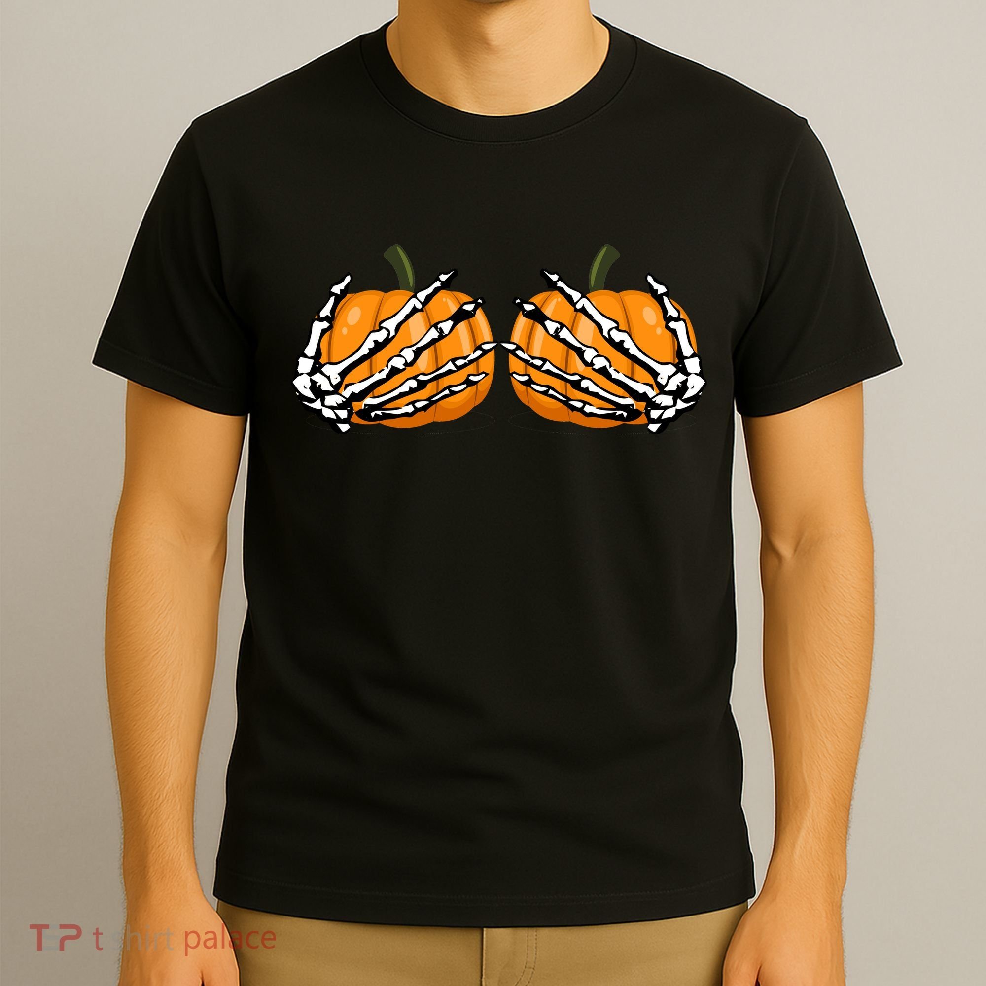 Skeleton Hands Holding Pumpkin Tits T-Shirt