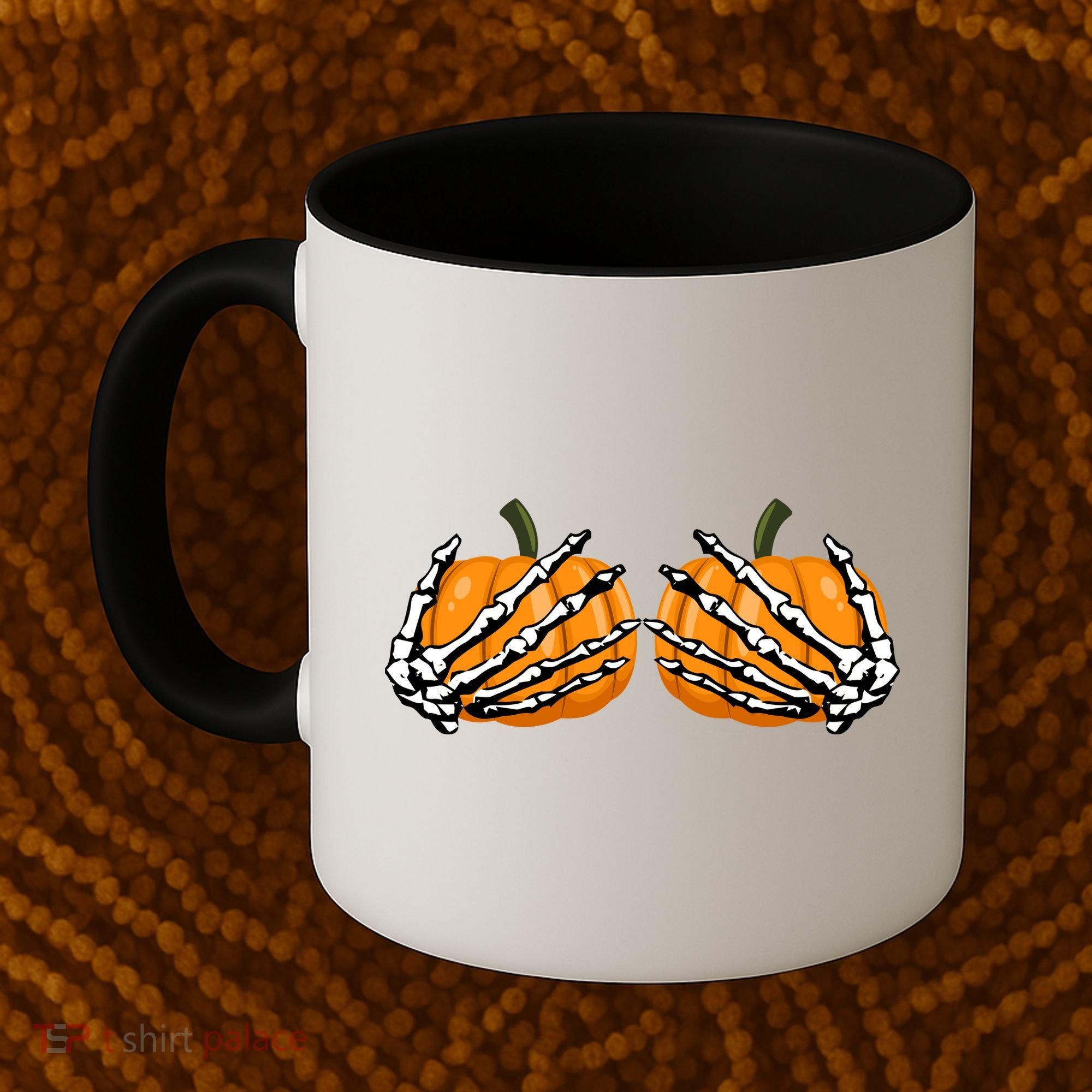 Skeleton Hands Holding Pumpkin Tits Coffee Mug