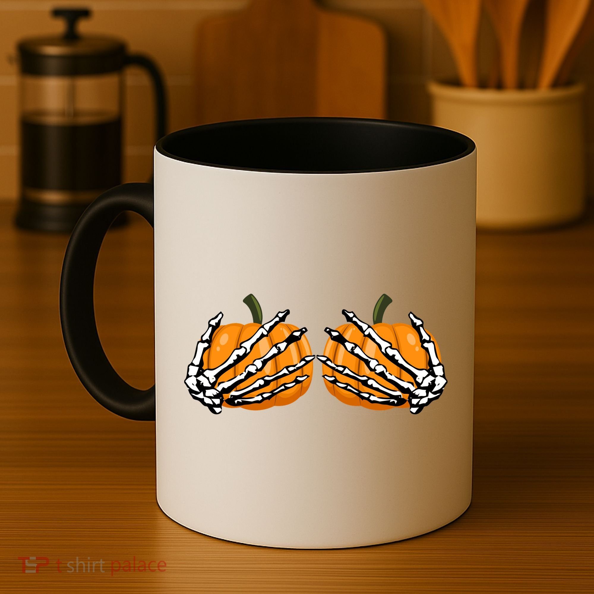 Skeleton Hands Holding Pumpkin Tits Coffee Mug