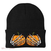 Skeleton Hands Holding Pumpkin Tits Beanie thumb 0