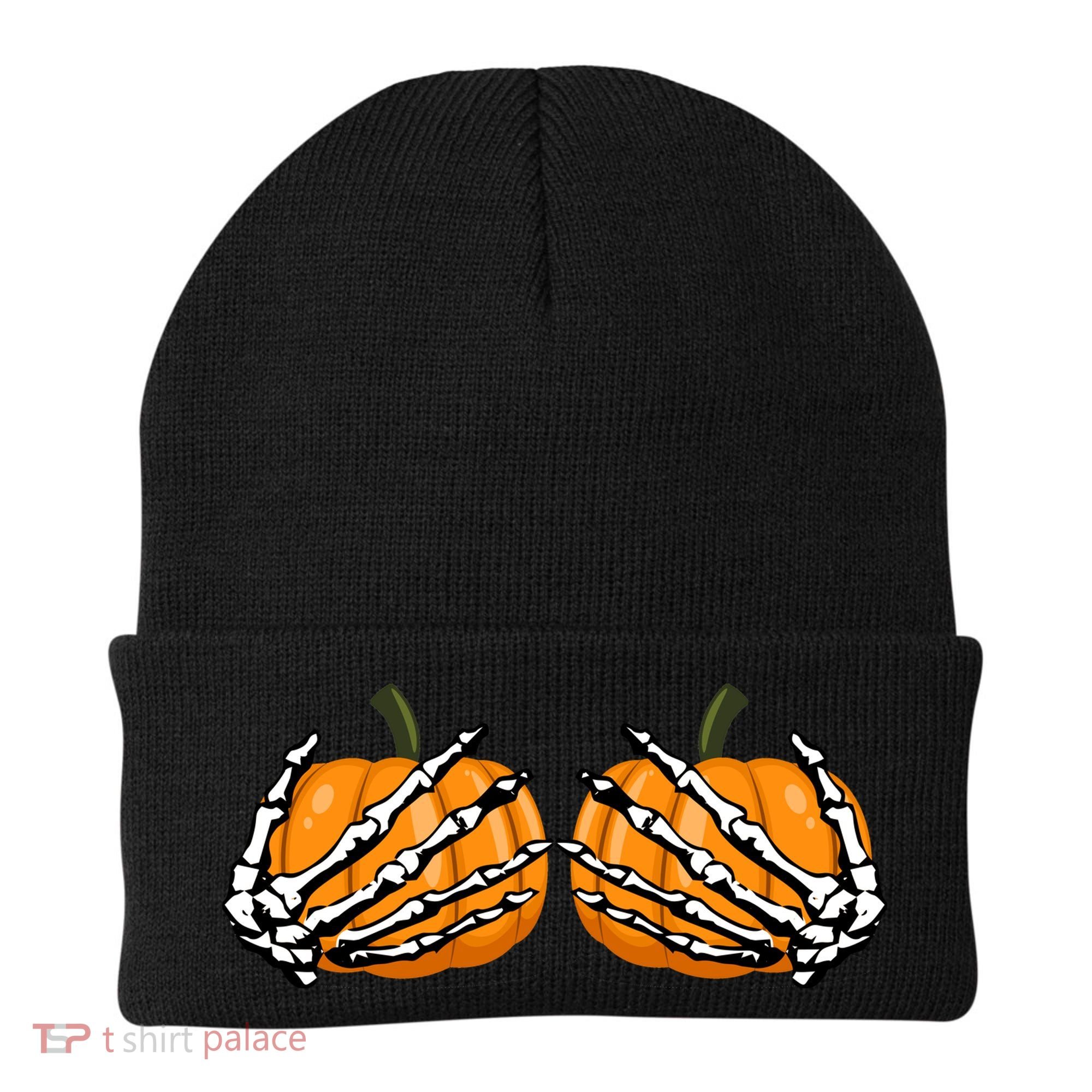Skeleton Hands Holding Pumpkin Tits Beanie