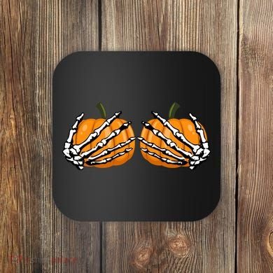Skeleton Hands Holding Pumpkin Tits Coaster