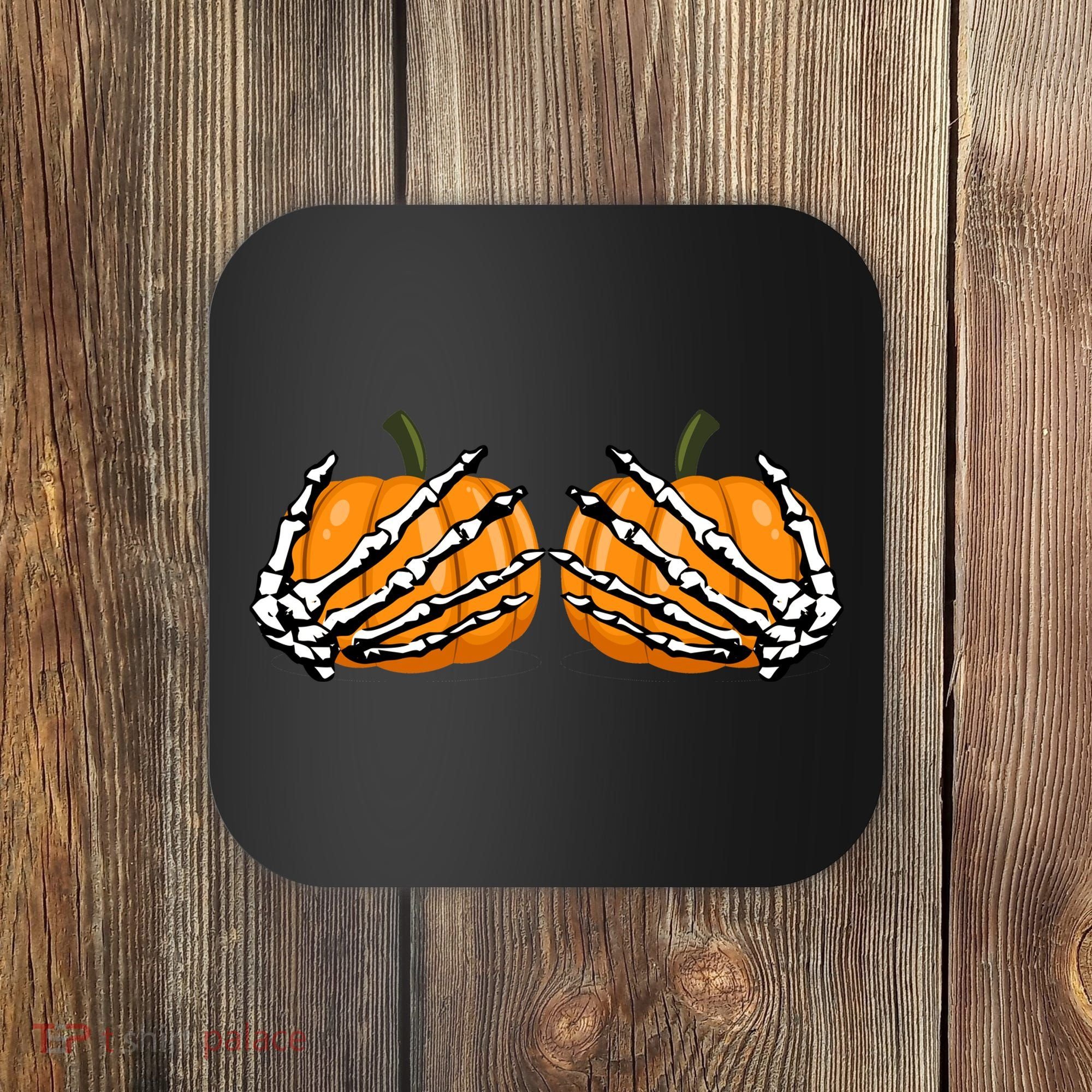 Skeleton Hands Holding Pumpkin Tits Coaster