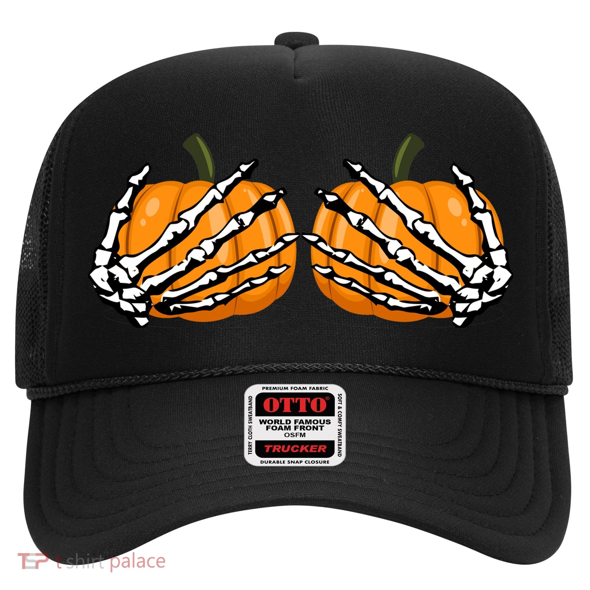 Skeleton Hands Holding Pumpkin Tits Hat