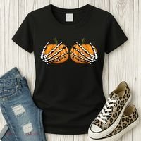 Skeleton Hands Holding Pumpkin Tits Women's T-Shirt thumb 3