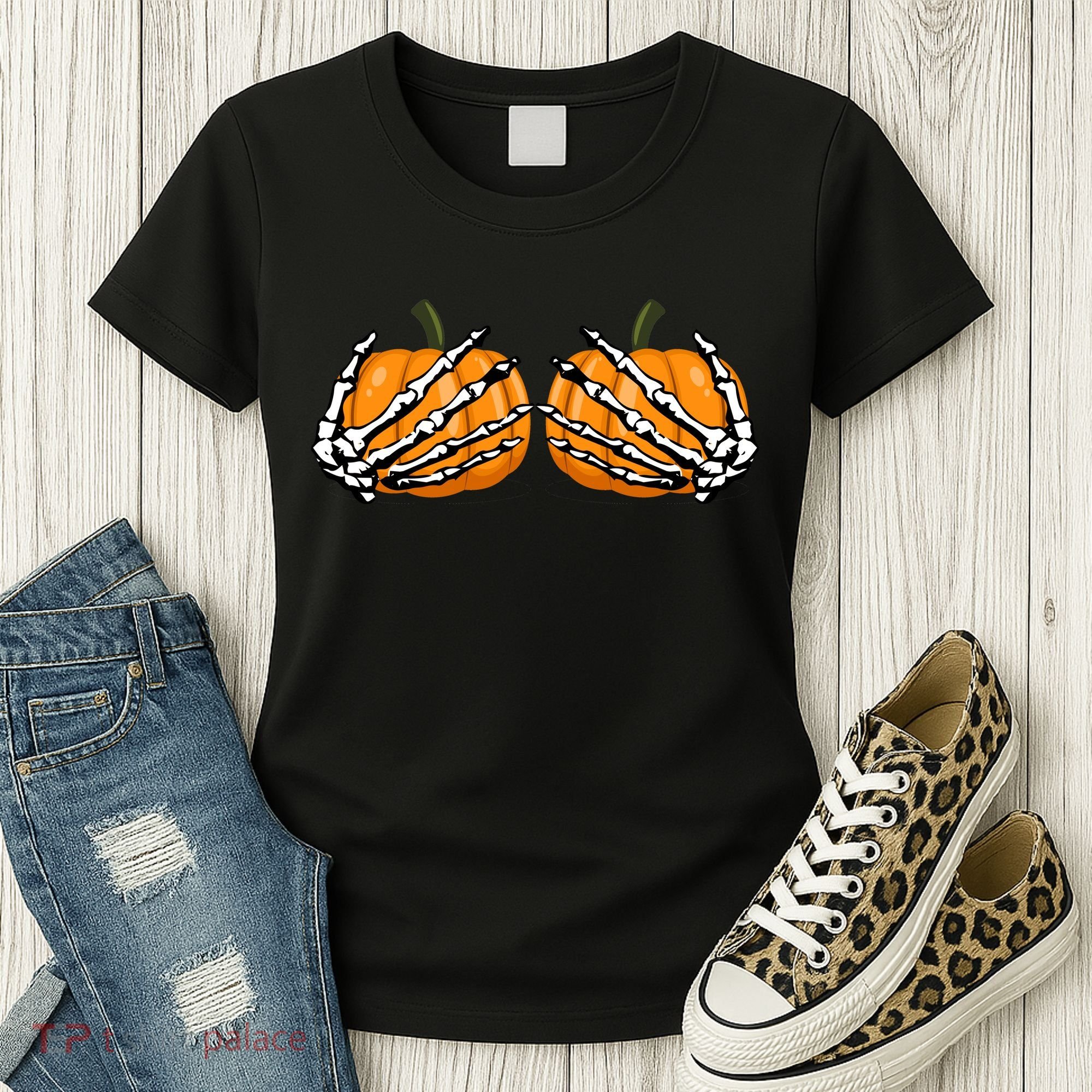 Skeleton Hands Holding Pumpkin Tits Women's T-Shirt