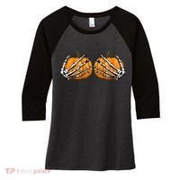 Skeleton Hands Holding Pumpkin Tits Women's Tri-Blend 3/4-Sleeve Raglan Shirt thumb 0