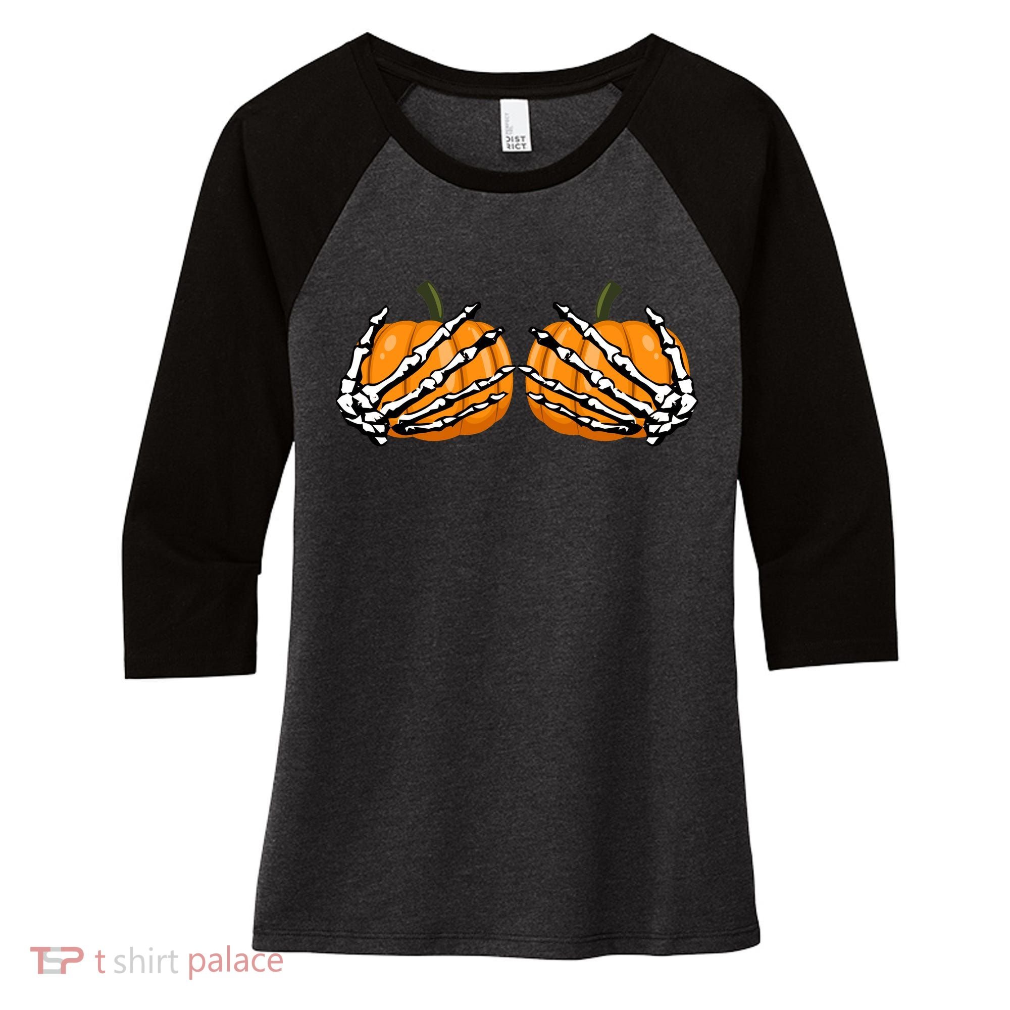 Skeleton Hands Holding Pumpkin Tits Women's Tri-Blend 3/4-Sleeve Raglan Shirt