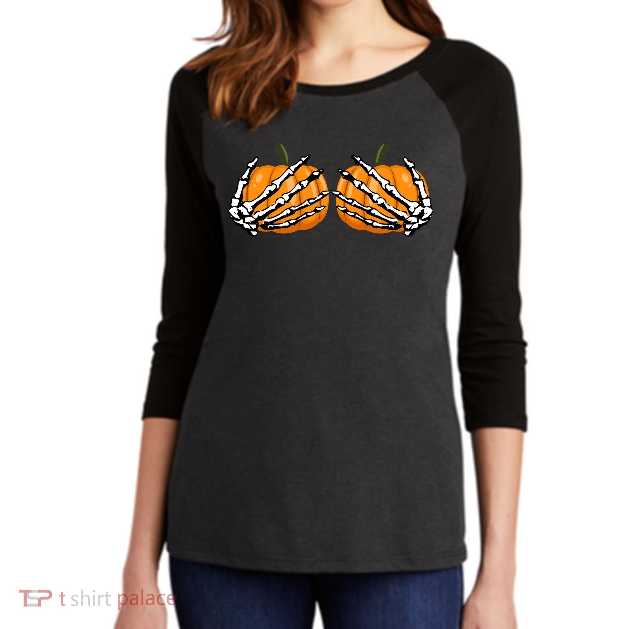 Skeleton Hands Holding Pumpkin Tits Women's Tri-Blend 3/4-Sleeve Raglan Shirt