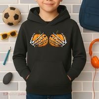 Skeleton Hands Holding Pumpkin Tits Kids Hoodie thumb 2