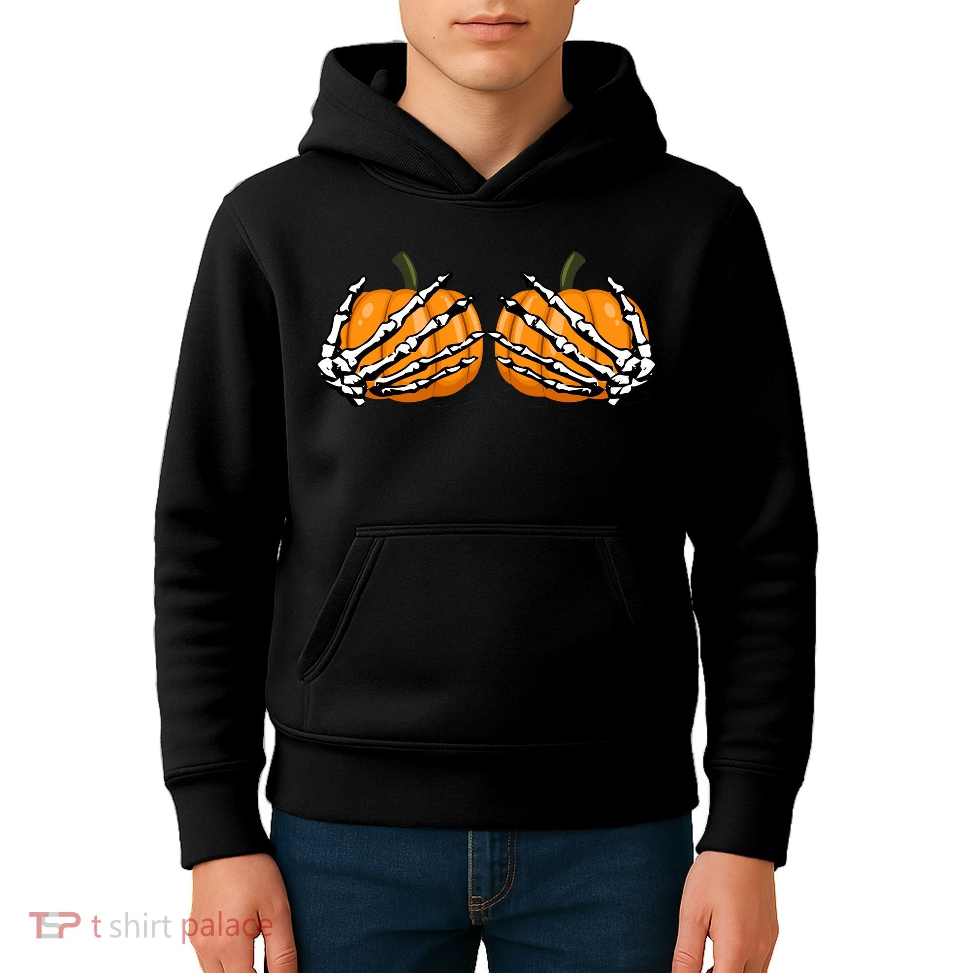 Skeleton Hands Holding Pumpkin Tits Kids Hoodie
