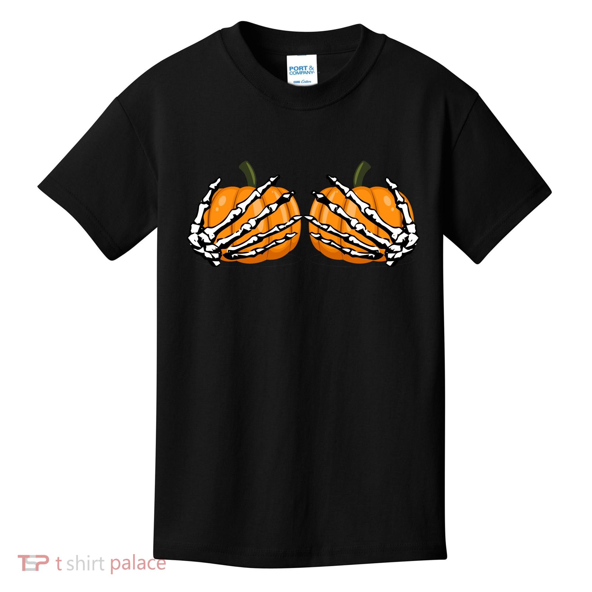 Skeleton Hands Holding Pumpkin Tits Kids T-Shirt