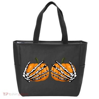 Skeleton Hands Holding Pumpkin Tits Tote Bag