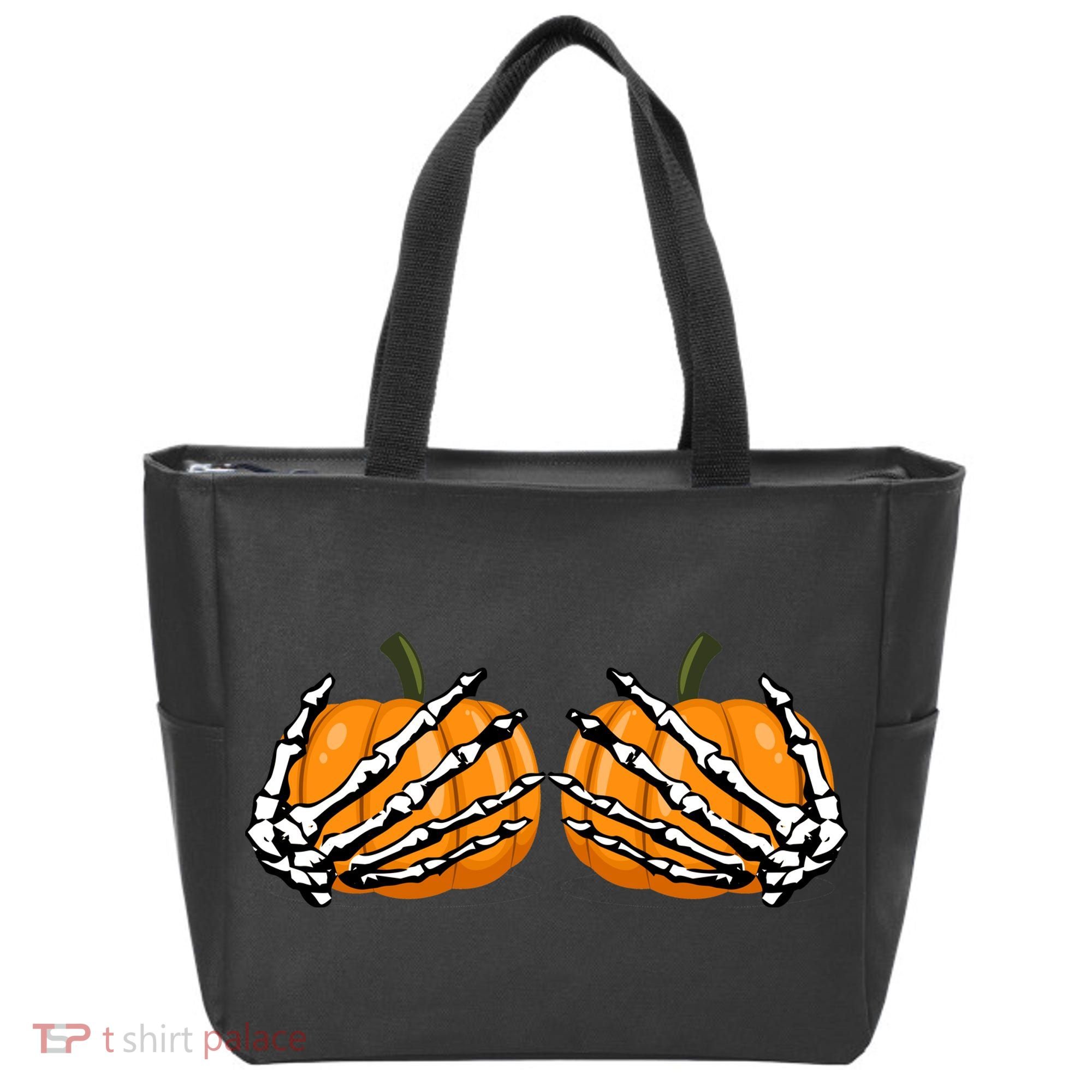 Skeleton Hands Holding Pumpkin Tits Tote Bag