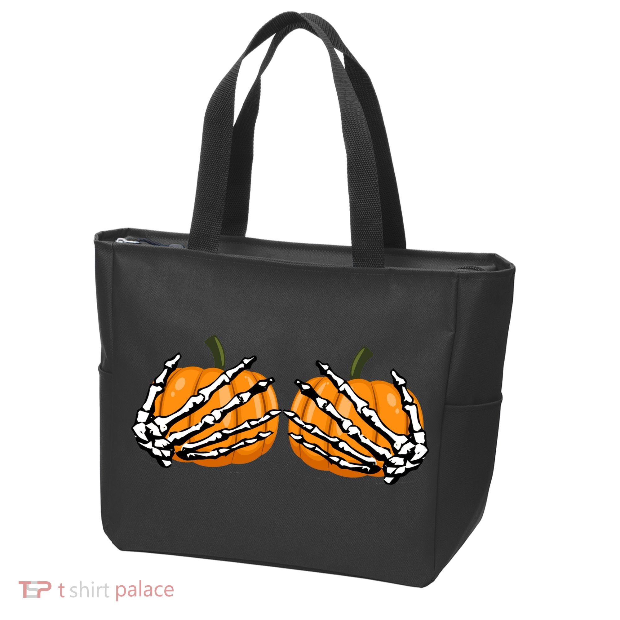 Skeleton Hands Holding Pumpkin Tits Tote Bag
