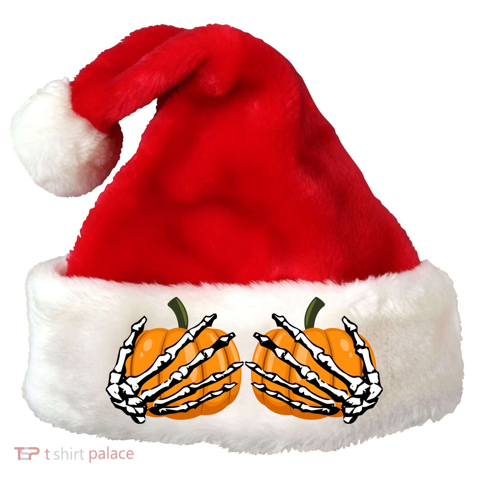 Skeleton Hands Holding Pumpkin Tits Santa Hat