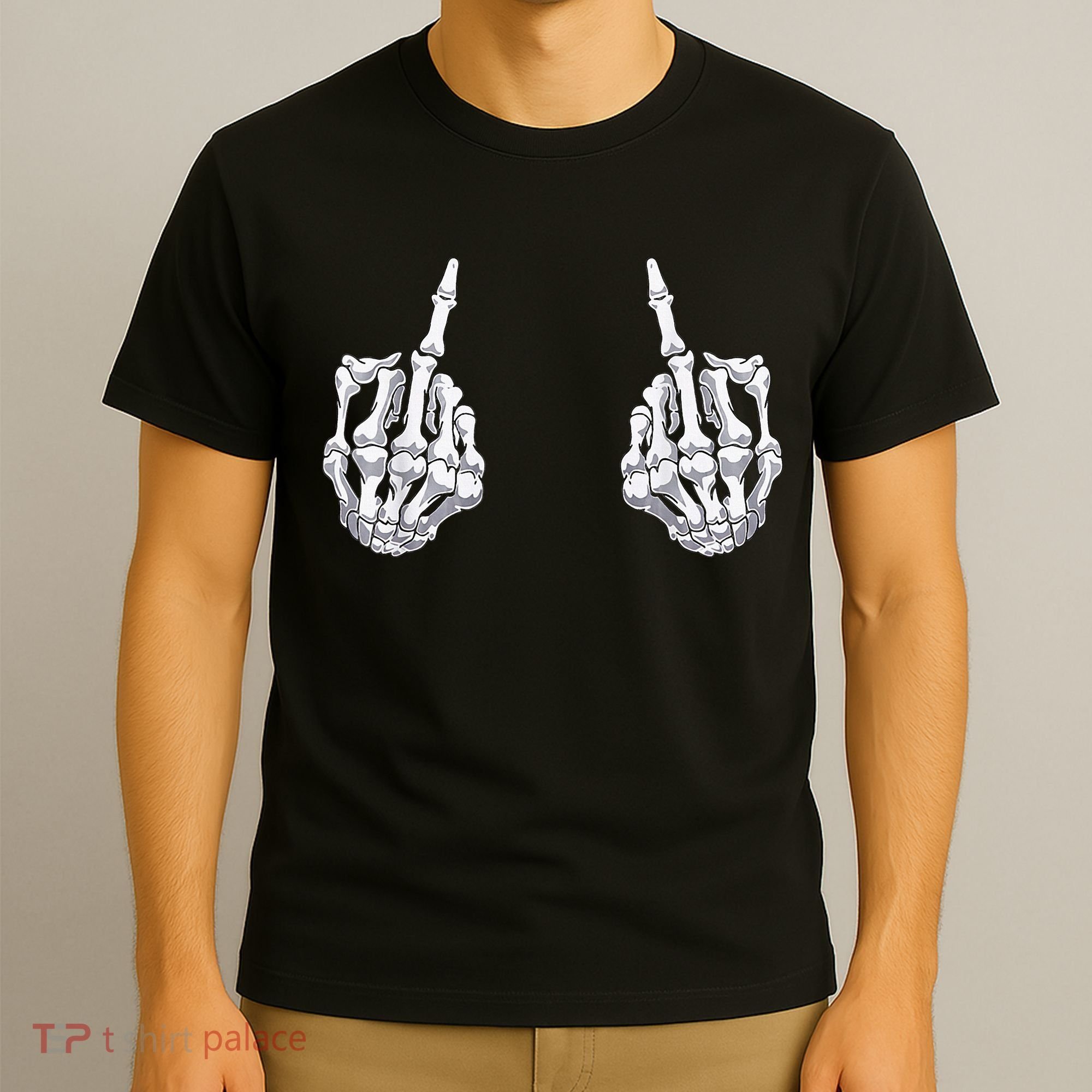Skeleton Hand Halloween Bones Middle Finger Skull T-Shirt
