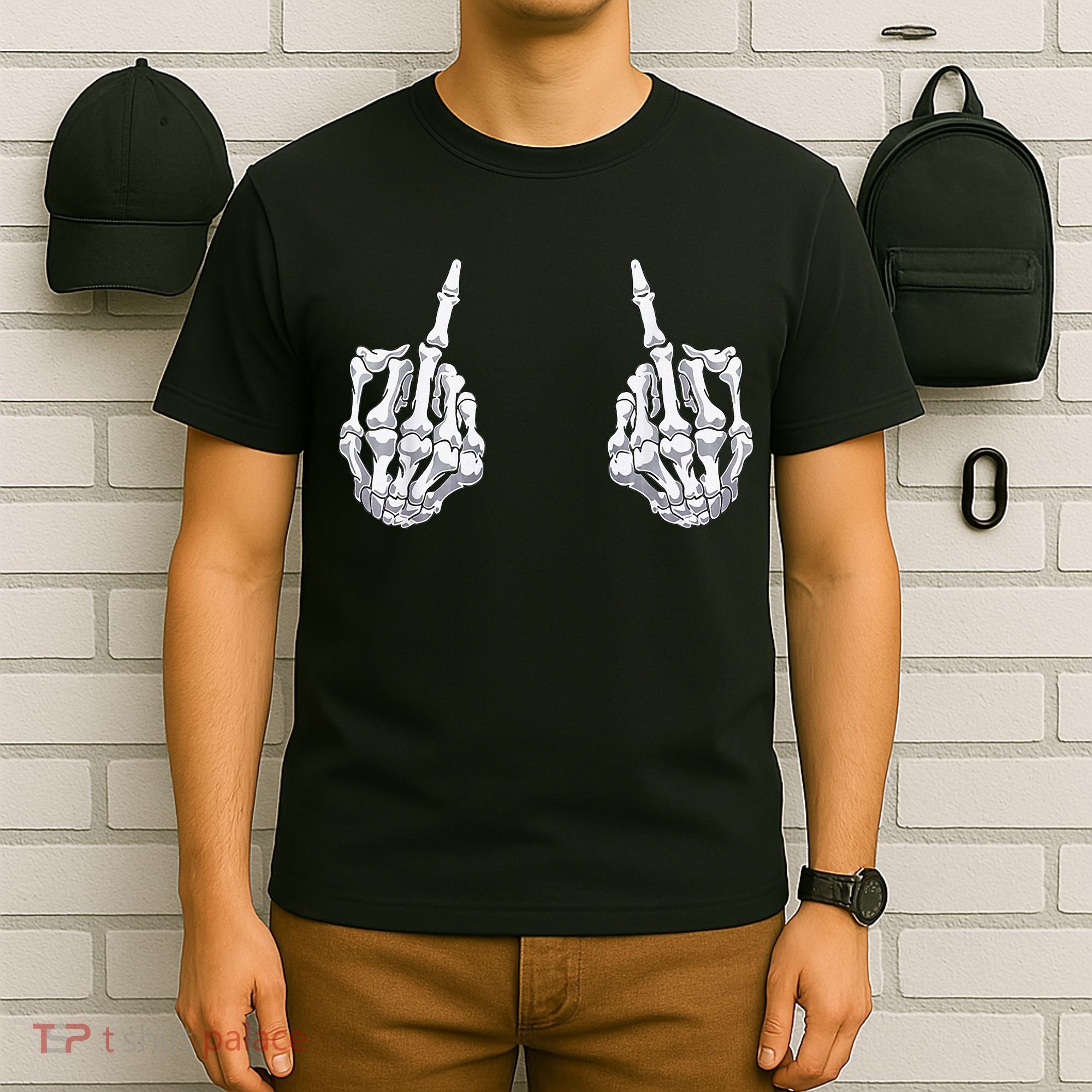 Skeleton Hand Halloween Bones Middle Finger Skull T-Shirt