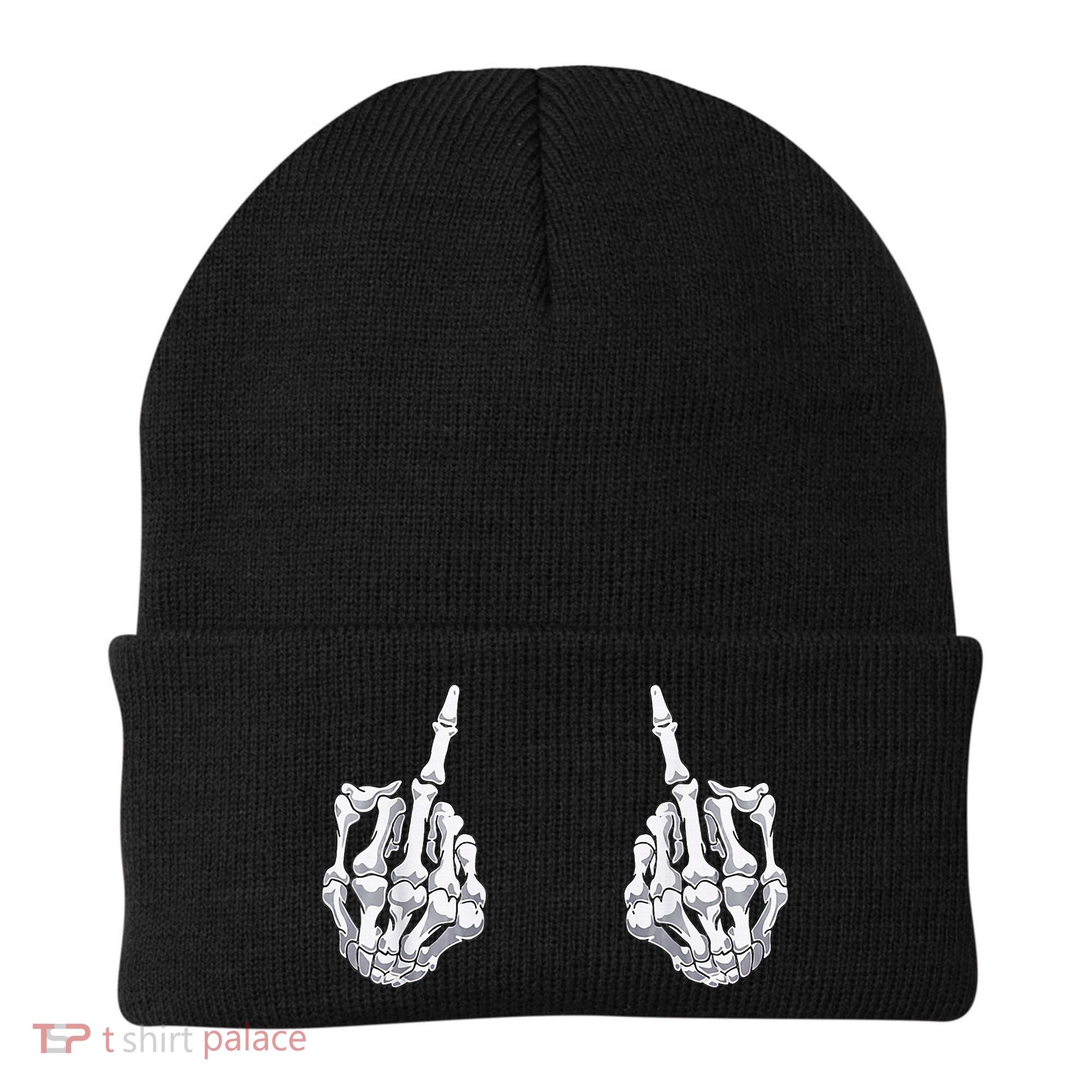 Skeleton Hand Halloween Bones Middle Finger Skull Beanie