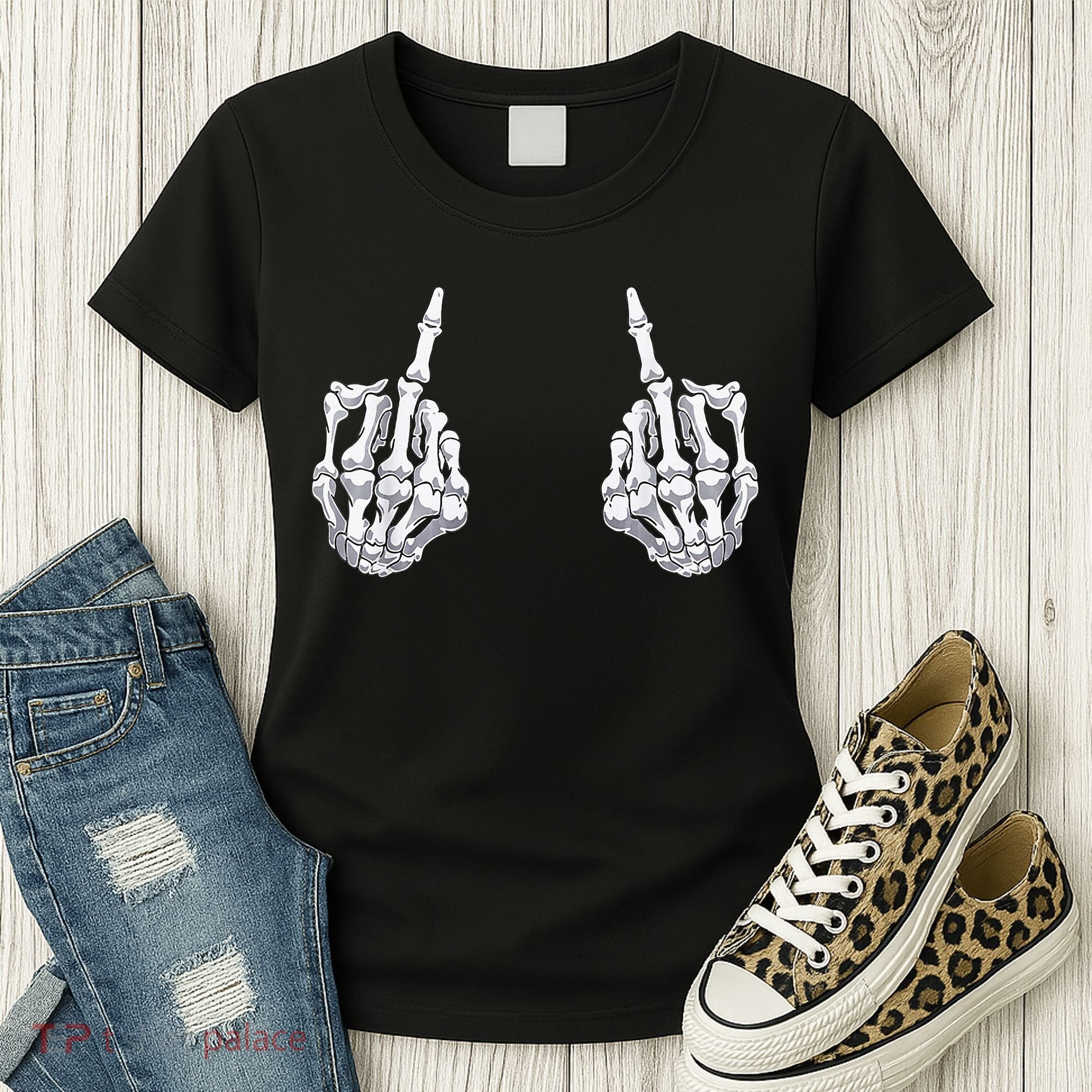 Skeleton Hand Halloween Bones Middle Finger Skull Women's T-Shirt