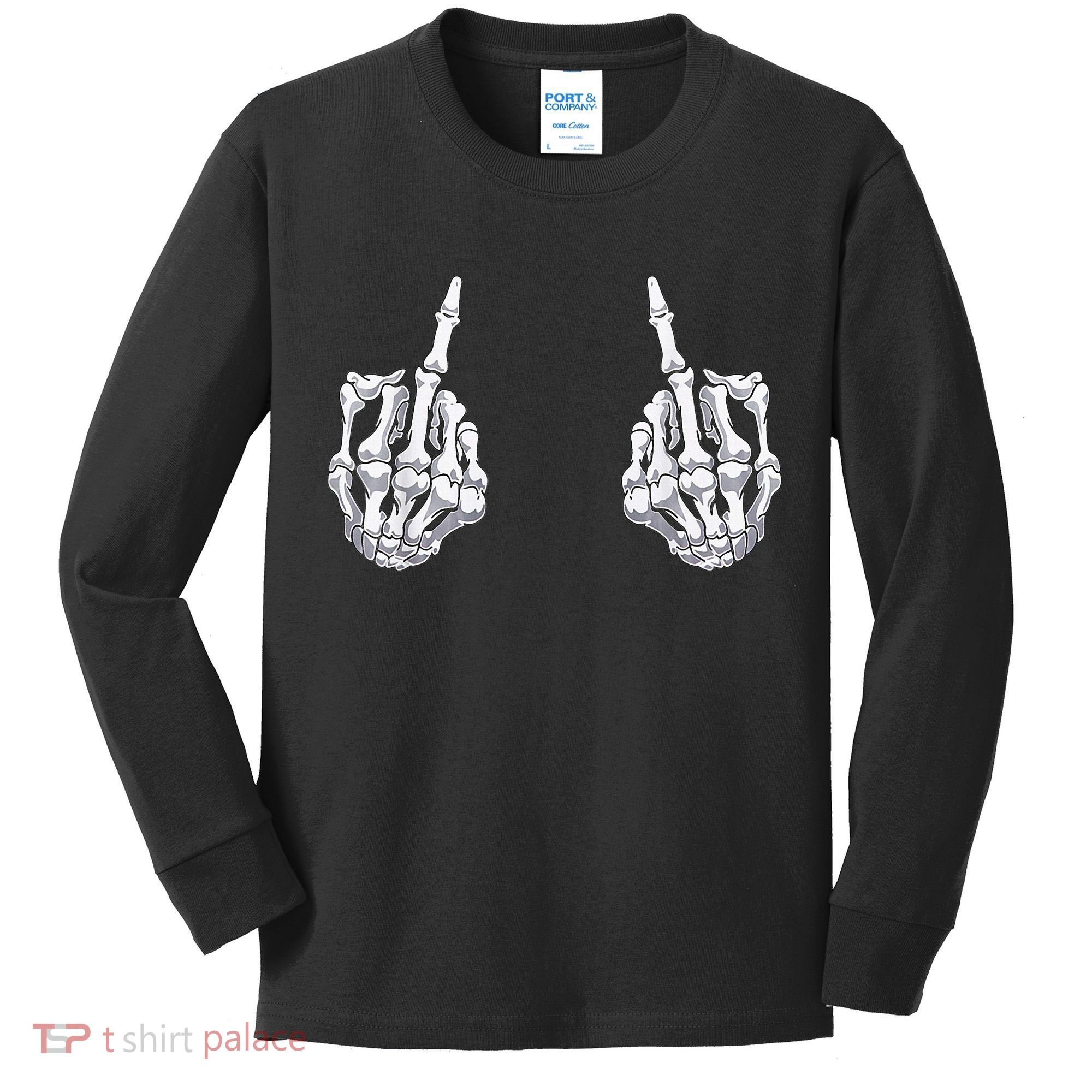 Skeleton Hand Halloween Bones Middle Finger Skull Kids Long Sleeve Shirt
