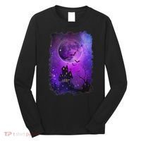 Spooky Halloween Haunted House Bats & Blood Moon Scene Long Sleeve Shirt thumb 0