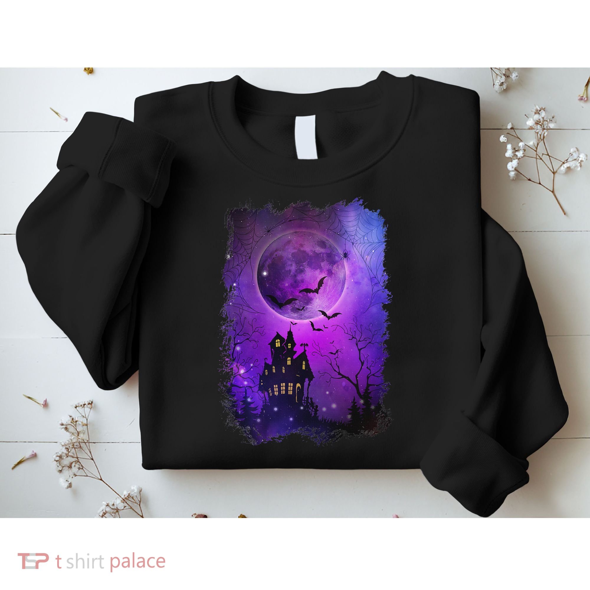 Spooky Halloween Haunted House Bats & Blood Moon Scene Sweatshirt