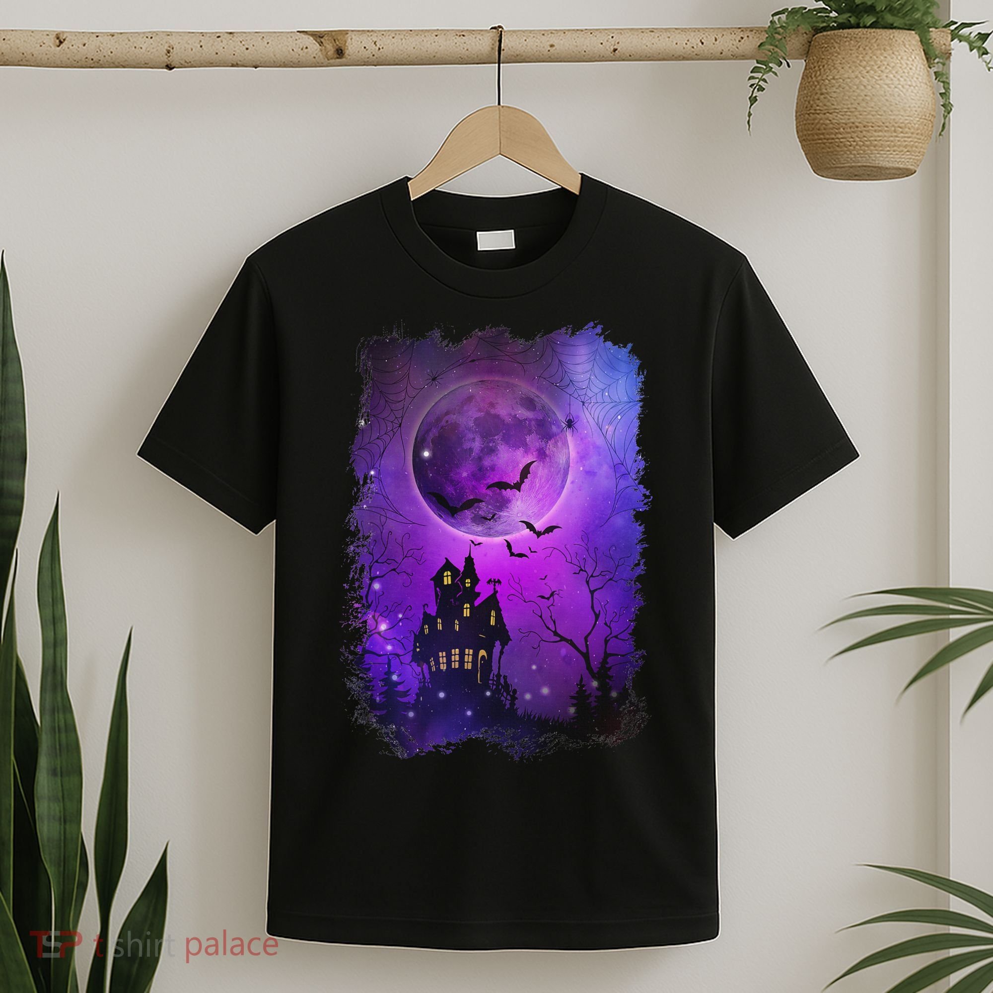 Spooky Halloween Haunted House Bats & Blood Moon Scene T-Shirt